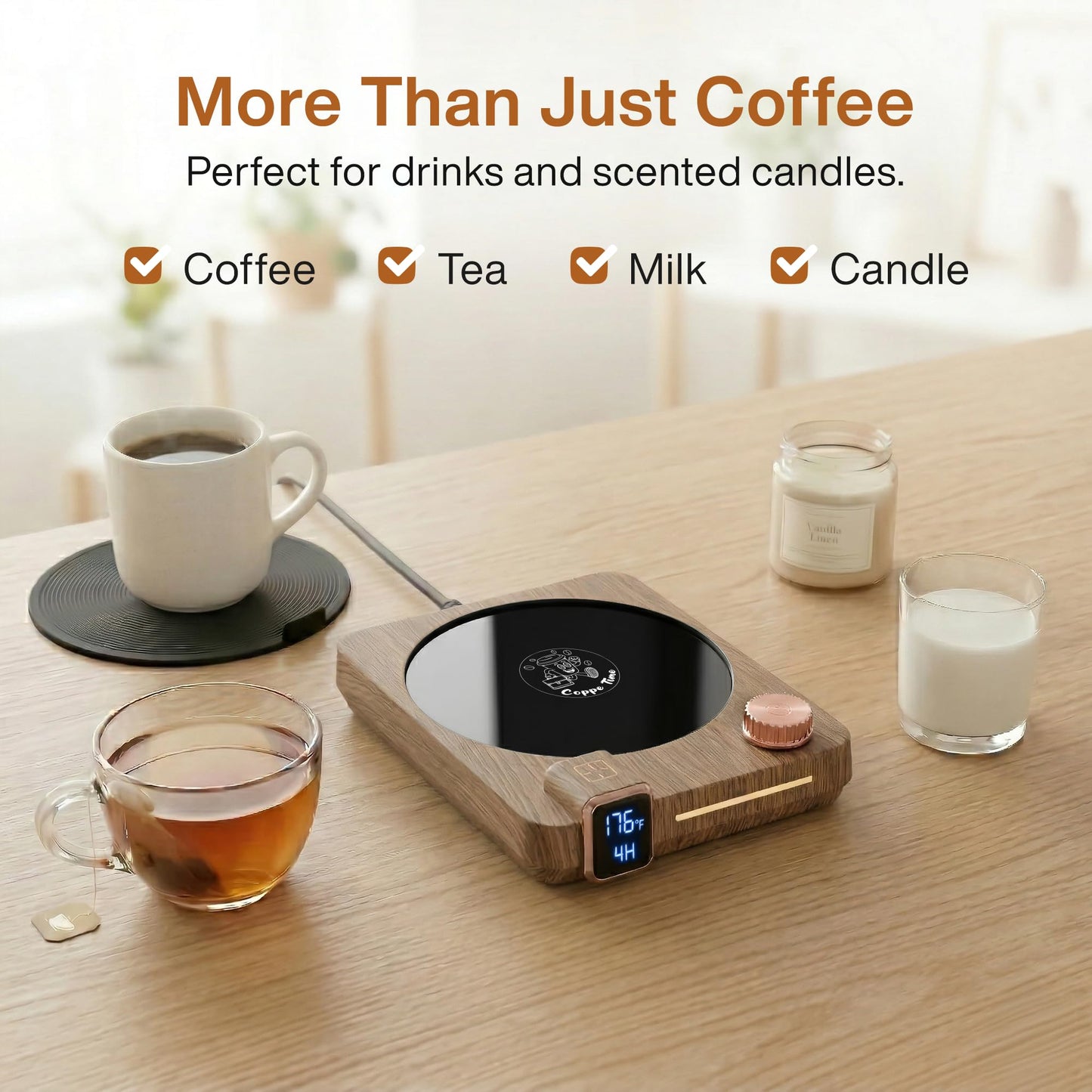 Coppe Time Coffee Mug Warmer for Desk, 40W Electric Cup Warmer with Digital Display, 9 Temp Settings, 1–12H Timer & Auto On/Off, LED Display Candle & Beverage Warmer Plate.
