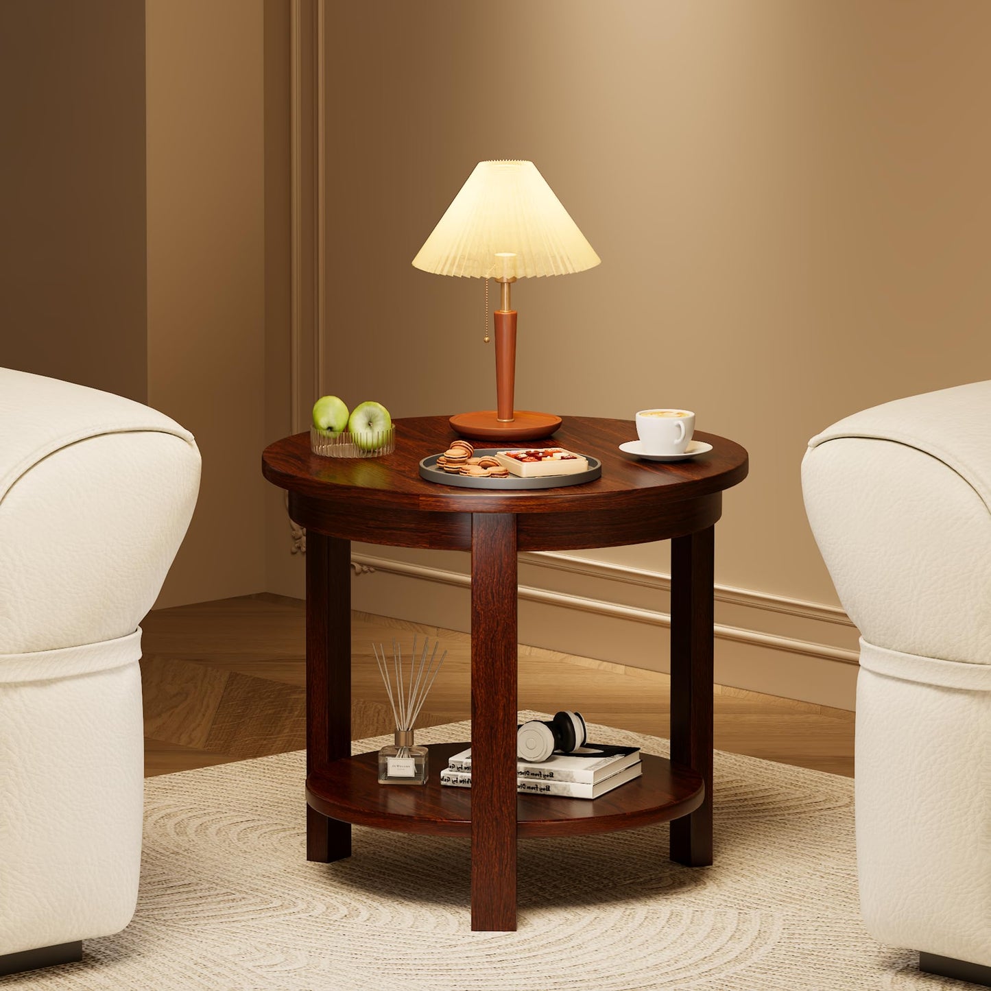 Solid Wood Round End Table with Storage Shelf, 22" W x 20" H, Mid Century Modern Wooden Coffee/End/Side Table for Bedroom Living Room, Walnut