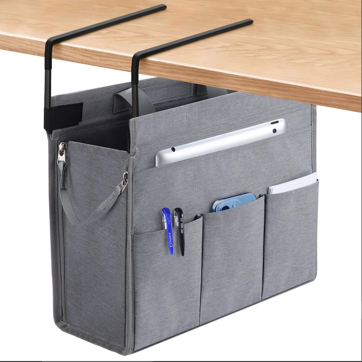 MASTLU Under Desk Hanging Storage Bag, Desk Organizer Storage, Office Side Storage Bag, Compatible with A4 Files, Detachable Handle Design, No Assembly Required, For Office Home School (Grey)