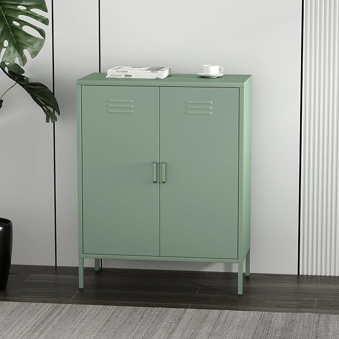 Manhattan Comfort Naomi Modern Metal Accent Cabinet, Minimalist Storage Cabinet with Doors & Adjustable Shelves, Vented Doors, Sturdy Steel Build, Versatile & Multi-Purpose Home Furniture, Green