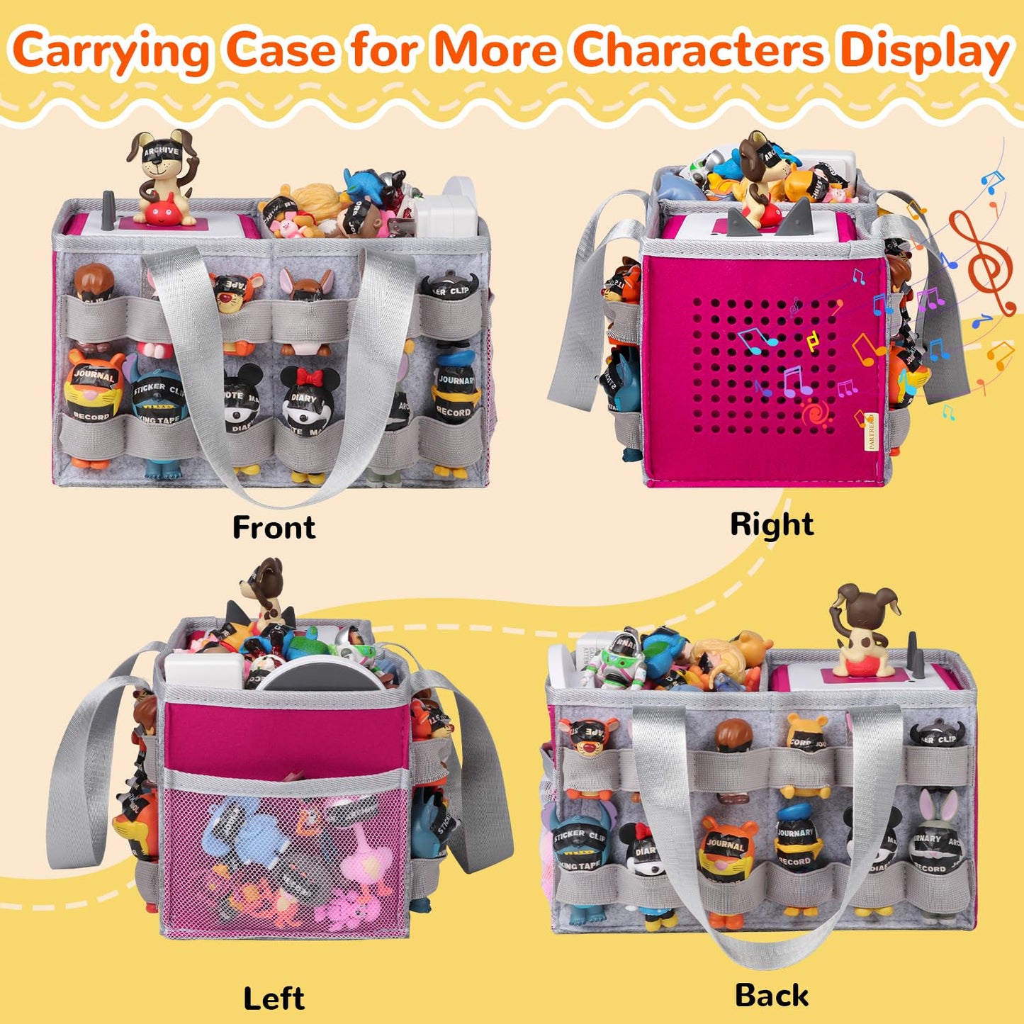 Partreko Carrying Case Compatible with Tonies Box with Audio Position, Portable Travel Storage Bag for Tonies Figures with 24 Elastic Strap, Soft Felt Organizer Case for Toniebox Accessories Gray&Rose