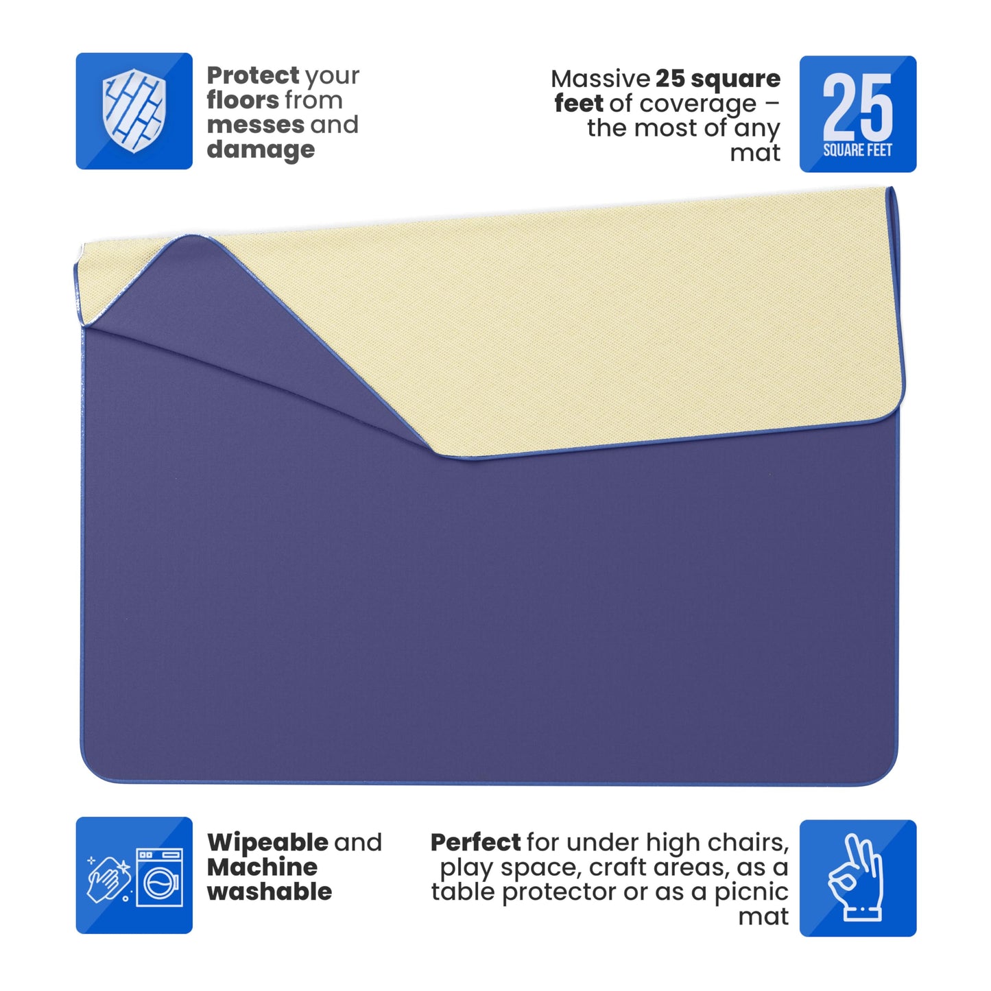 MonsterMat Extra Large Waterproof Splat Mat – 60"x60" Super Jumbo Mess Mat for Floor & Table Protection Washable Mat for Arts, Crafts, Painting, and Playtime (Grey) (Navy Blue)