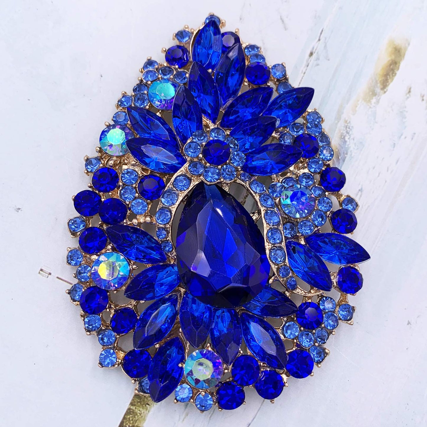 SELOVO Huge Big Large Royal Blue Flower Statement Brooches and Pins Scarf Decoration Gold Tone