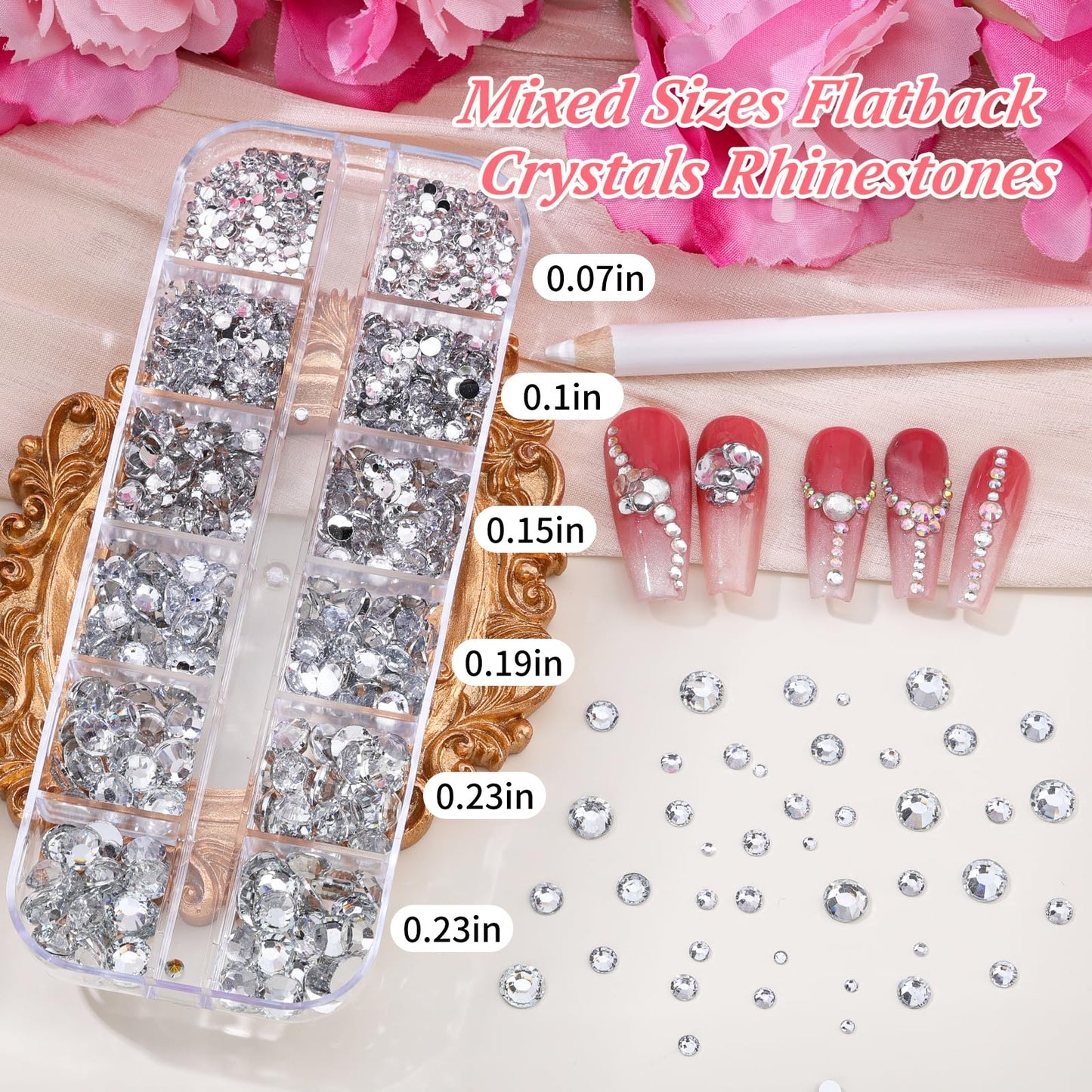12 Boxes Nail Rhinestones Gems Kit,Gold/Silver Metal Studs,Mixed Sizes Flatback Crystals Rhinestones,Half Pearls,Sequins,Foil Flakes with Tweezers & Dotting Tools for DIY Manicure