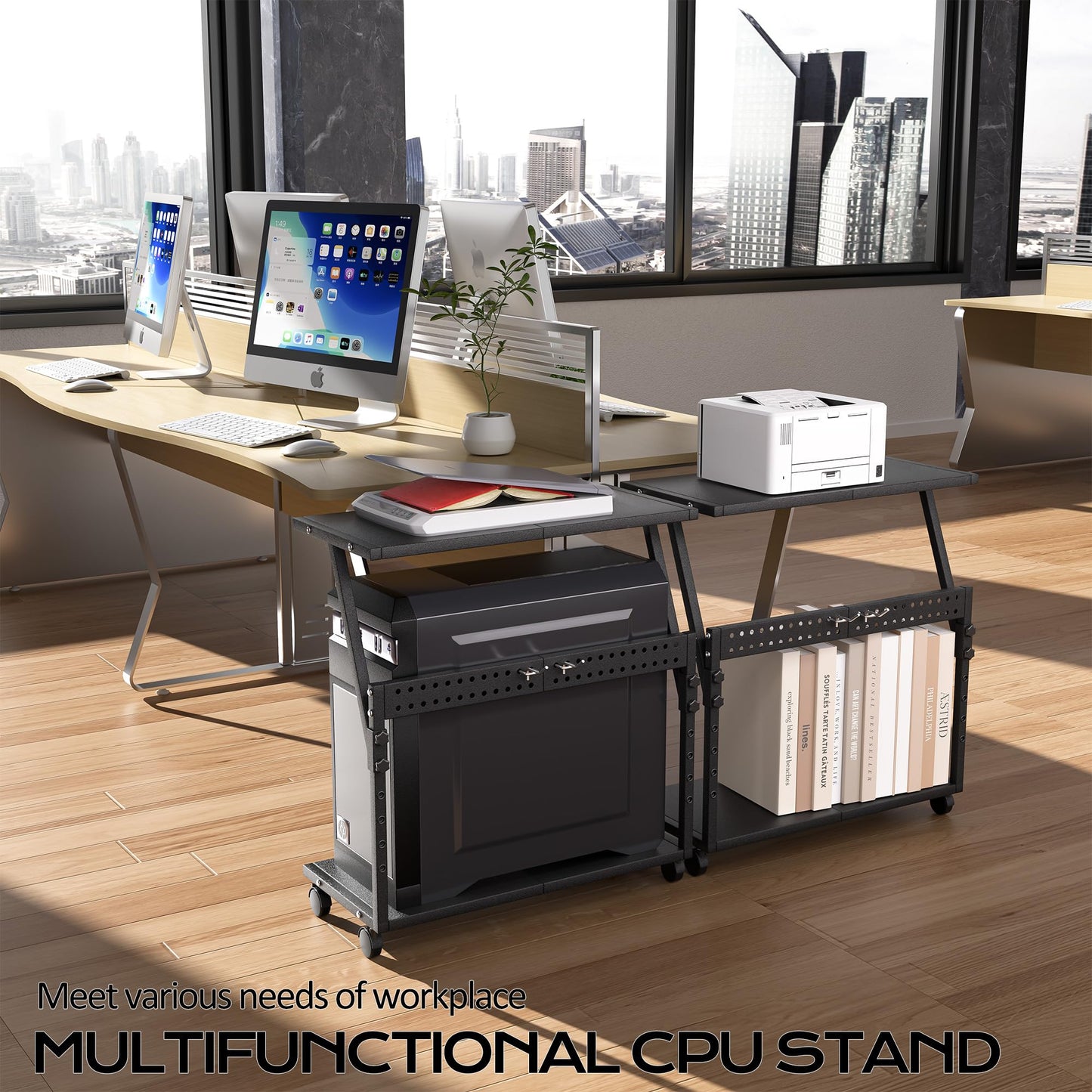 Tyfnry 24In Large PC Stand, 5 Levels Height Adjustable Computer Tower Stand with Wheels and Hooks, CPU Holder Cart for Floor, Carpet and Under Desk, Easy Assembly（NOT Including Power Strips）