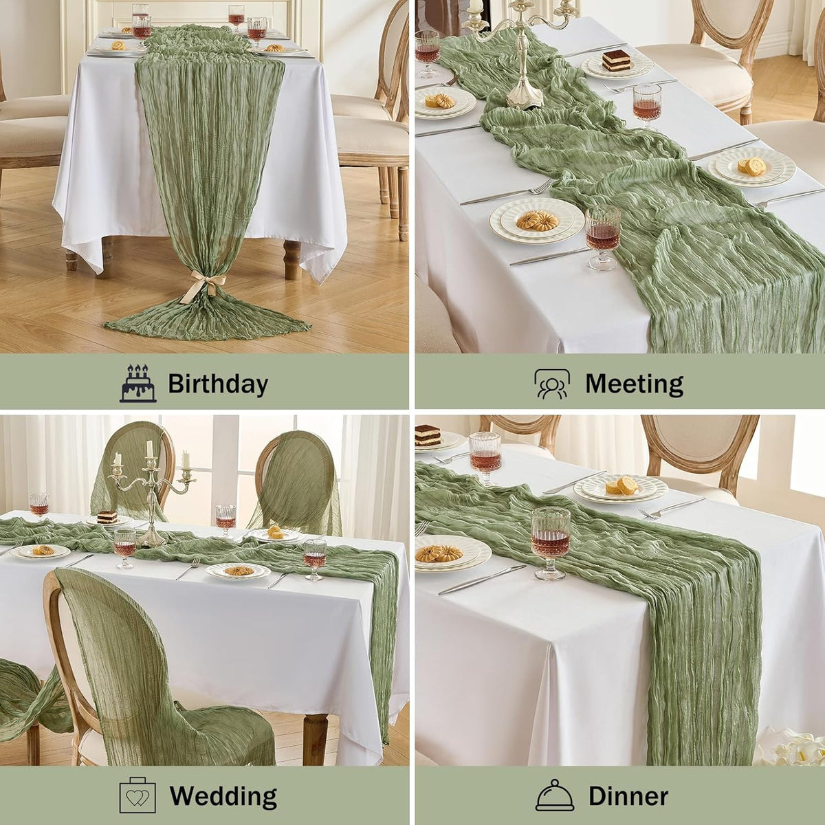 Fanami 6 Pack Cheesecloth Table Runner -10FT Sage Green Boho Gauze Cheese Cloth Table Runner 120 Inches Long Rustic Sheer Fabric Centerpieces for Wedding Birthday Party Bridal Baby Shower Decorations