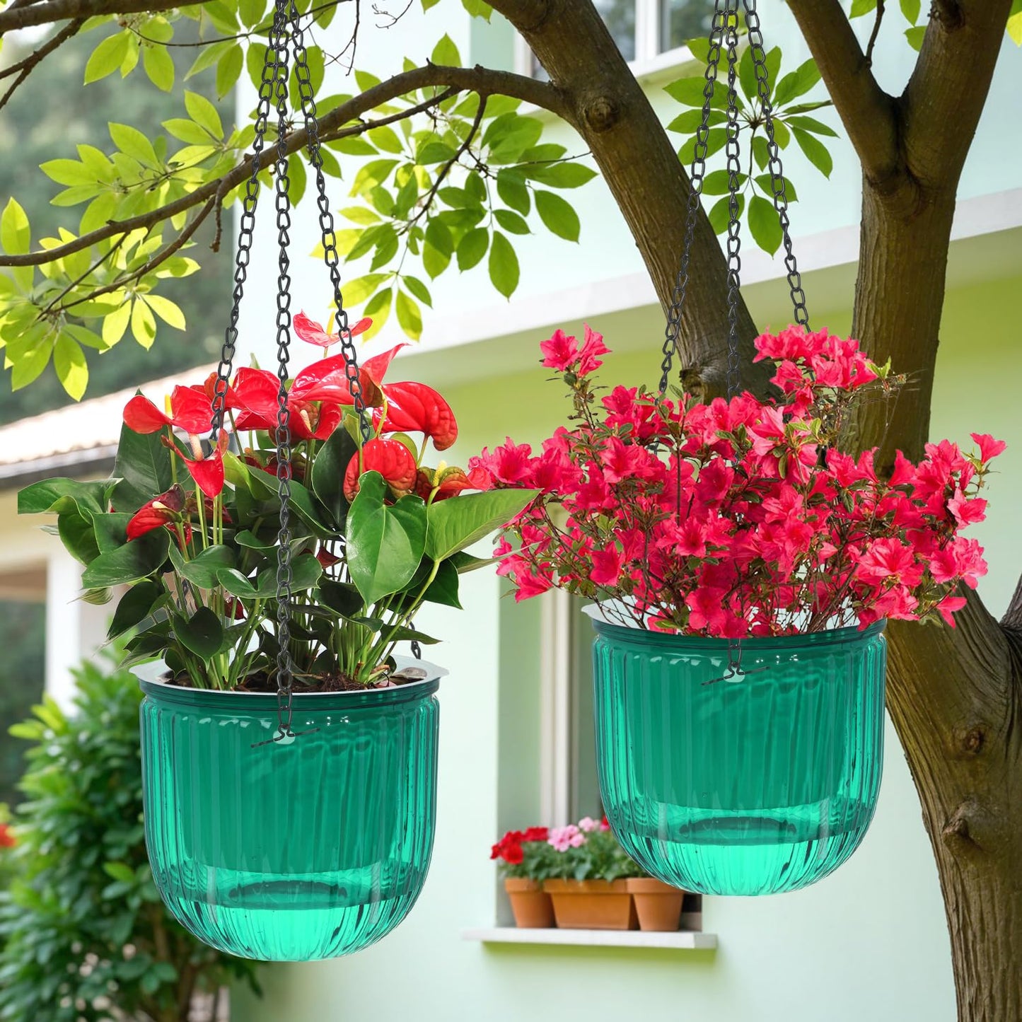 VIDELLY 2 Pack Self Watering Hanging Planters, 8.3" Plastic Hanging Flower Pots with Hooks & Drainage Holes for Indoor Outdoor Plants