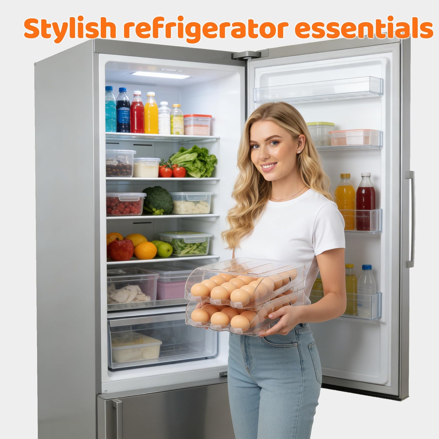SMRCAD Egg Holder for Fridge, Automatic Steady Rolling Egg Dispenser with Silicone Bumpers & Handle for Refrigerator, Large Capacity Egg Organizer with Lid