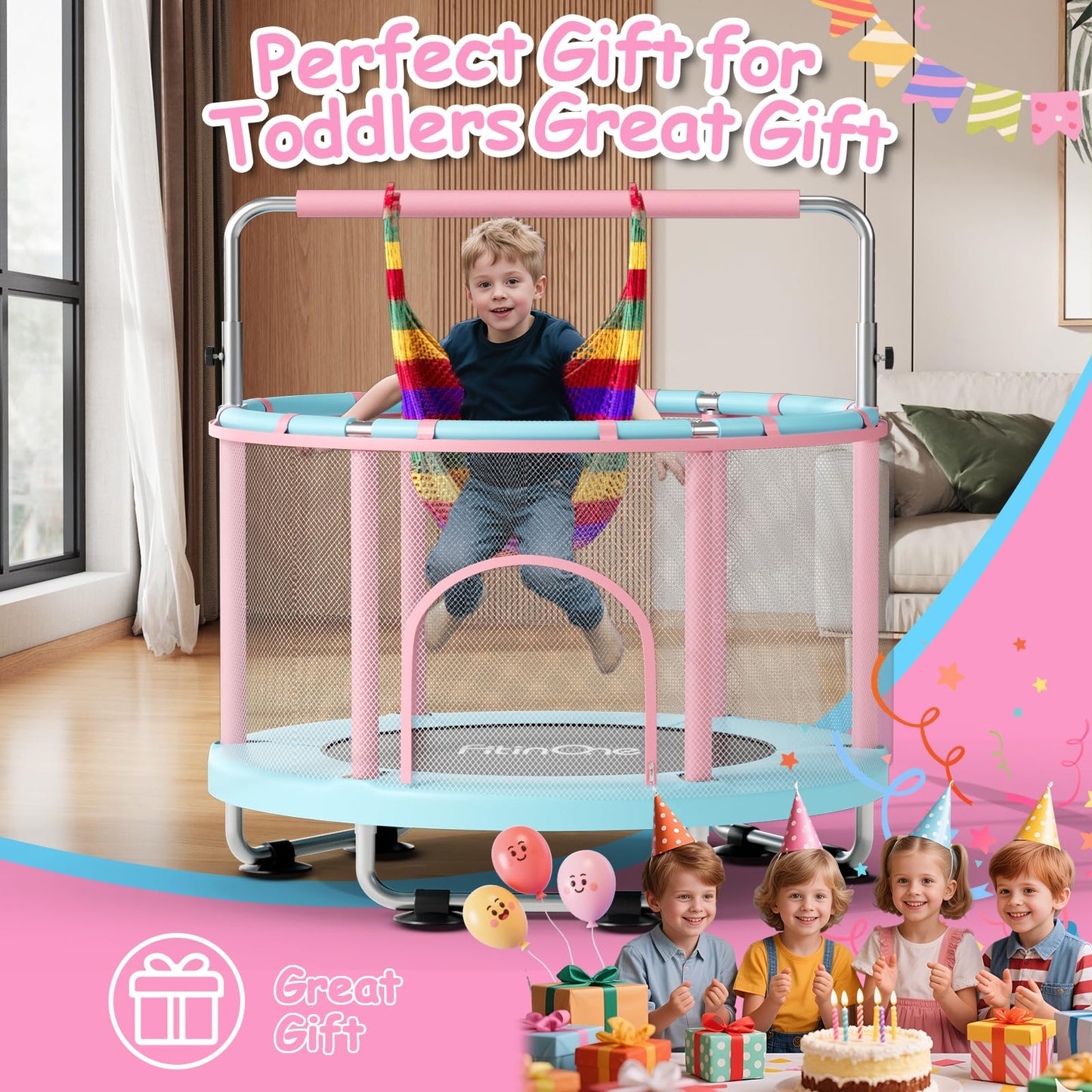 FitinOne 55" Toddler Mini Trampoline for Kids, Indoor Outdoor Toys with Swing, 440lbs Baby Kids Trampoline, Gymnastics Bar, Birthday Gifts for Boy Girl Age 1-8