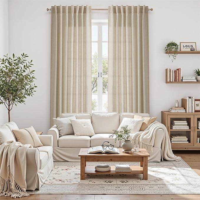 Nanspring Eggshell Beige Linen Curtains 96 Inches Long for Living Room Rustic Luxury Light Filtering Semi Sheer Curtain Back Tab Neutral Coastal Decor Drapes for Bedroom Office 52x96, 2 Panels