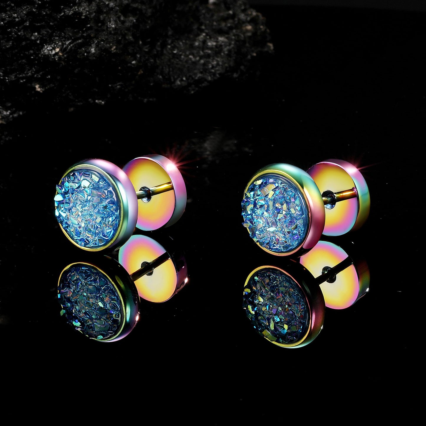 VOLUKA Crystal Stone Stud Earrings Flat Back Titanium Stainless Steel Hypoallergenic Cartilage Earrings Stud for Sensitive Ears Women Men(Blue-Rainbow)