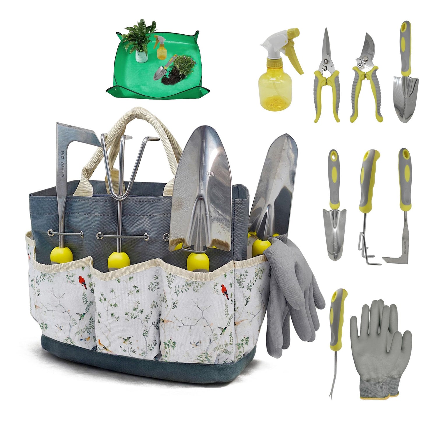 Gardening Tools Set, 11-Piece Stainless Steel Garden Hand Tool Set with Ergonomic Non-Slip Handles for Digging, Weeding, Pruning and Transplanting