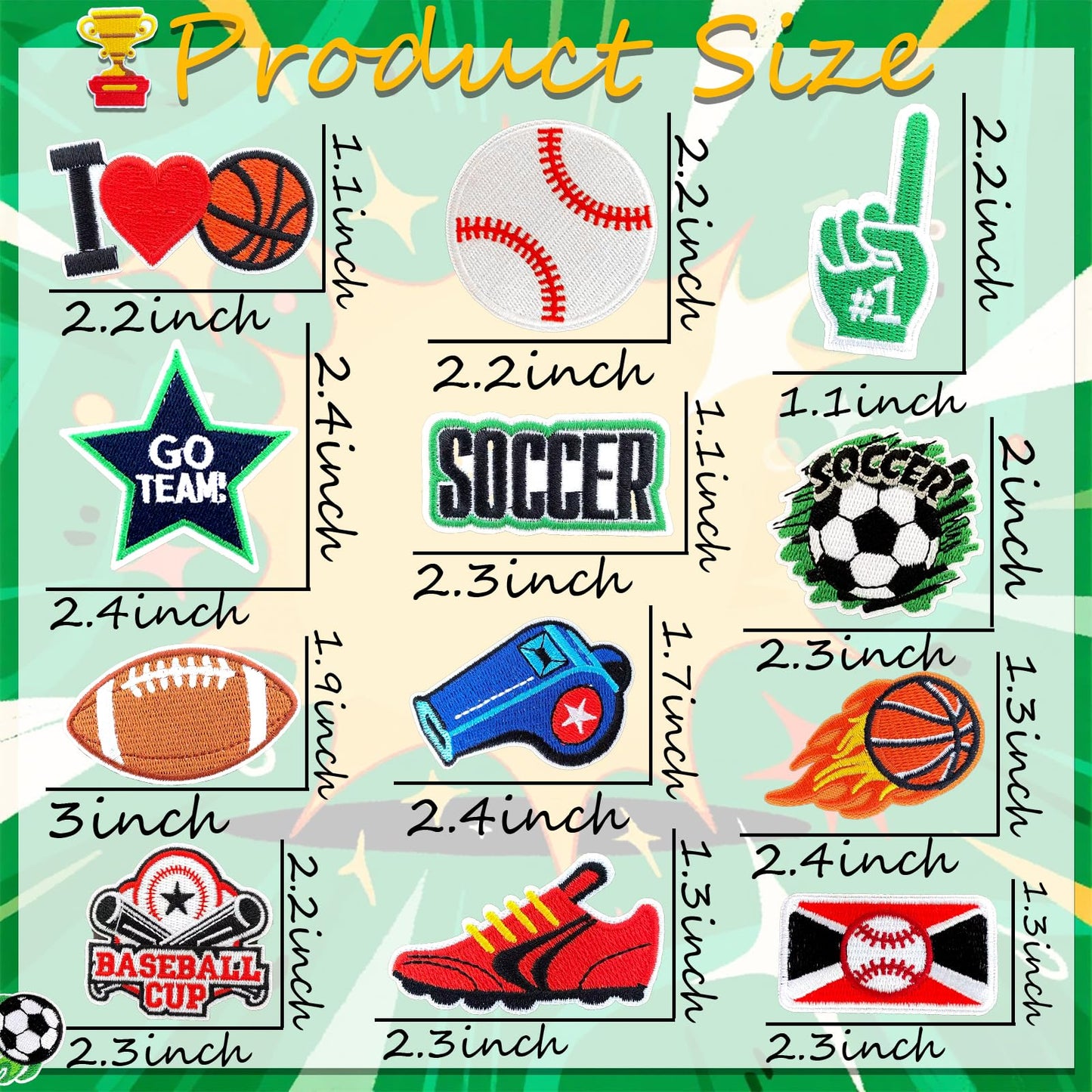 SYLVASS 36-Piece Sports Iron On Patches, Embroidered Sports Appliques for Clothing, Backpacks, Hats, Jerseys, Jeans DIY Accessory