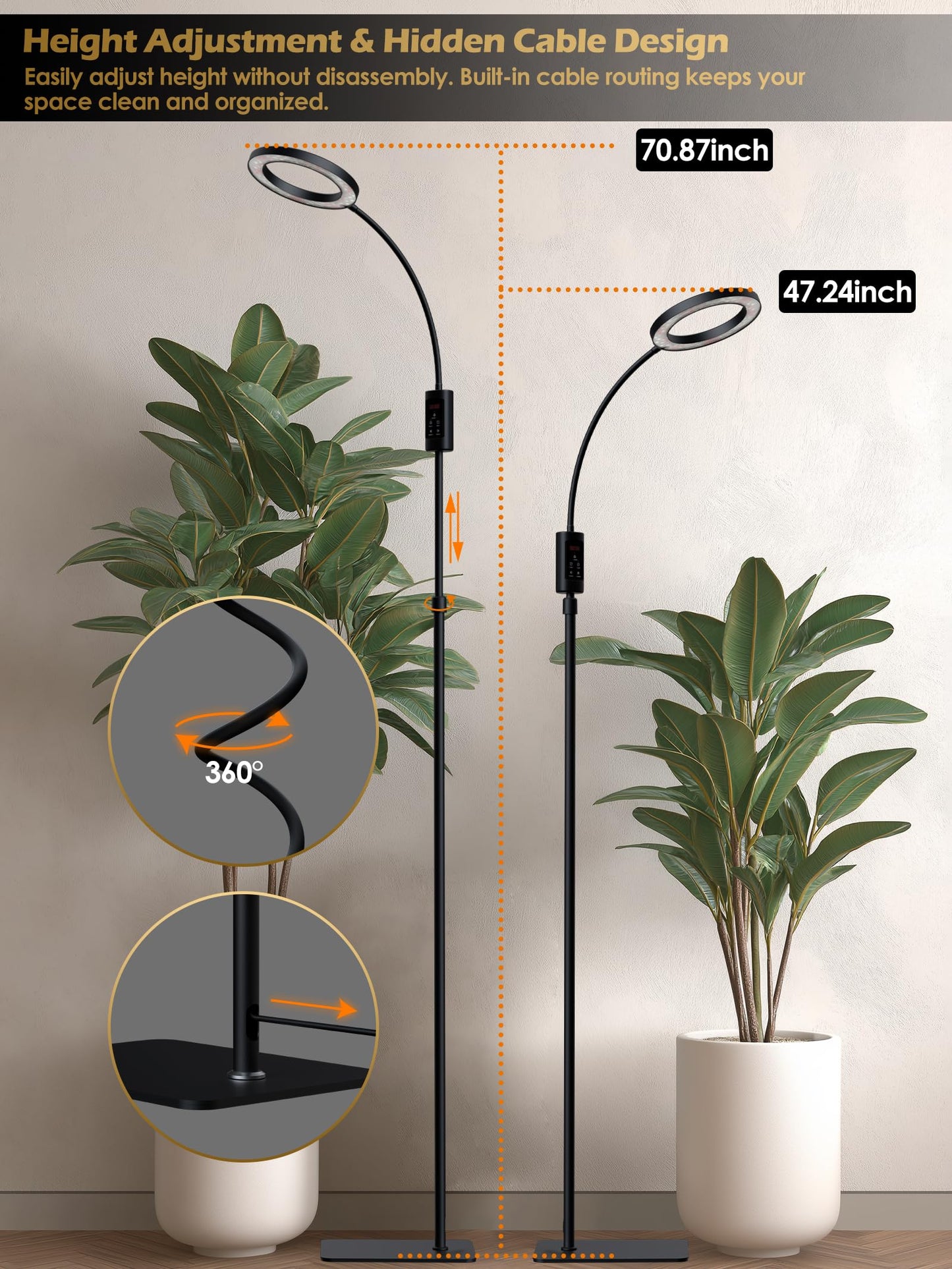 Smart Grow Lights for Indoor Plants, Plant Light with Auto-Timer, Full Spectrum LED Grow Light, Adjustable Height & Stepless Dimming,Plant Assistant Suitable for Most Plants (Black, Single Head)