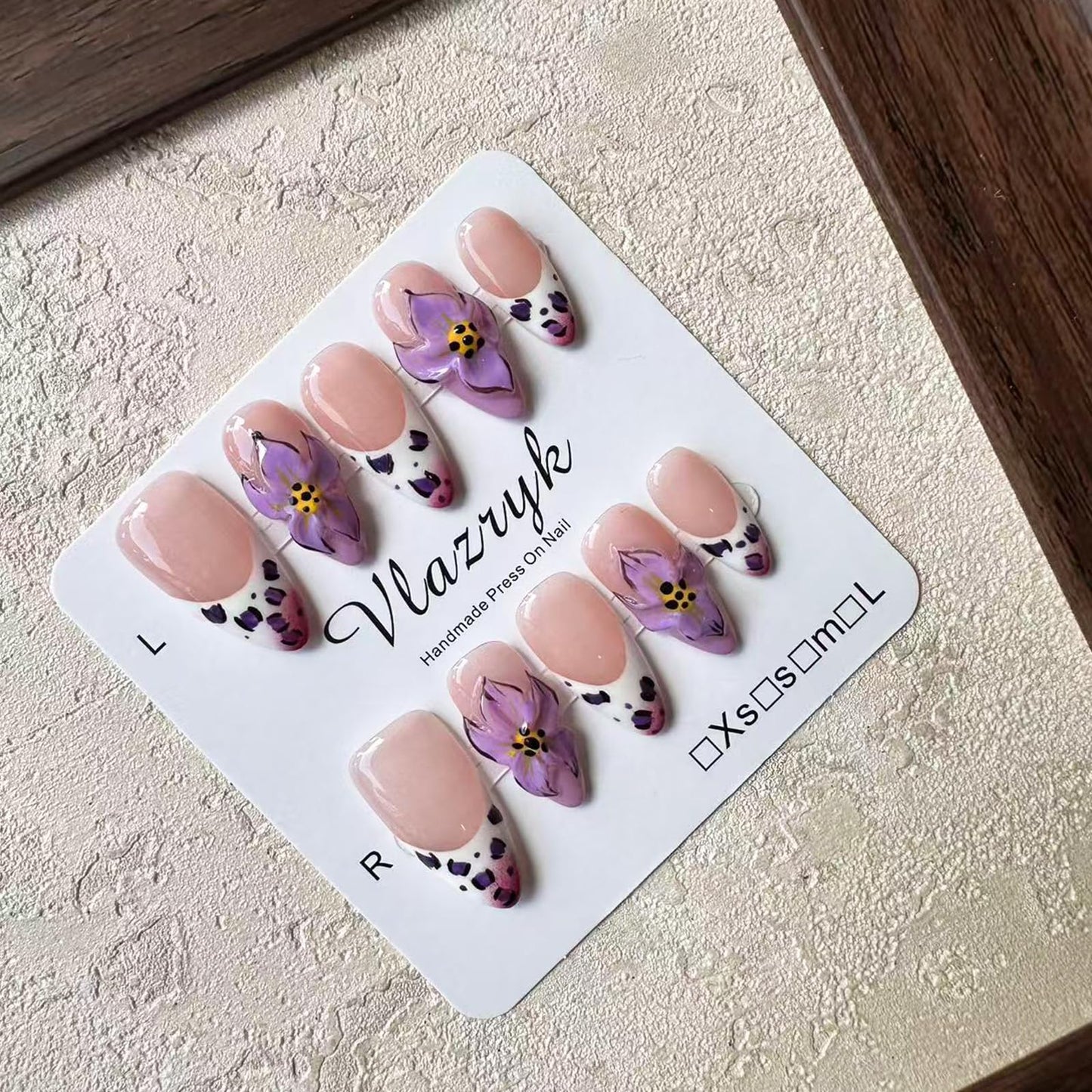 Luxury Handmade Press On Nails, Purple French Medium Almond with 3D Flowers, Winter & Autumn Gradient False Nails,Reusable Multi-Layer Post-Gel Acrylic Nails for Women .(M SIZE 10pcs)