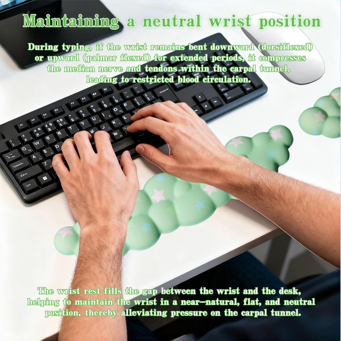 LJYZMD Cloud Wrist Rest Set for Keyboard and Mouse, Includes Cute Coaster, with Computers and Laptops (Green Colorful Star Set)