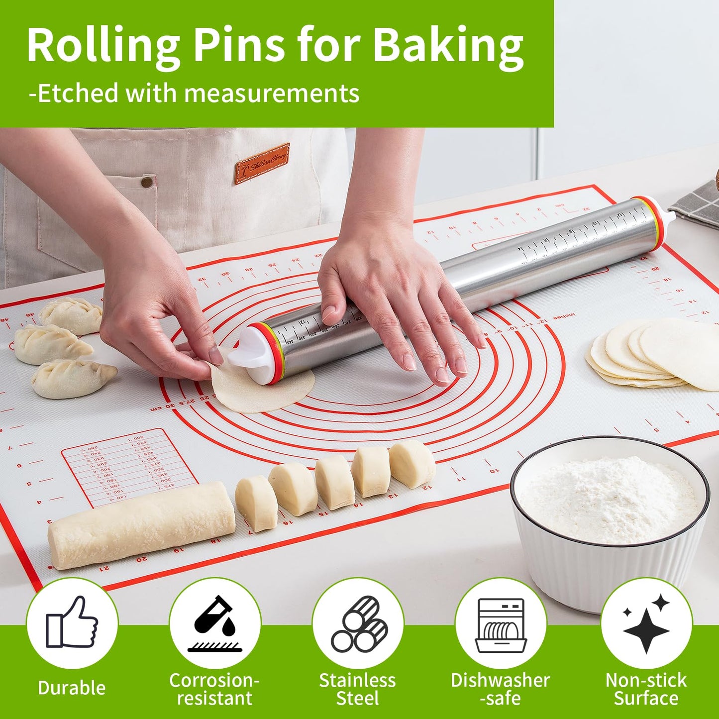 Adjustable Rolling Pin Set with Thickness Rings Cookie Cutters Dough Scraper Food Grade Stainless Steel Precise Dough Roller Handle Press Design for Baking Fondant Pizza Pie Pastry Pasta Cookies