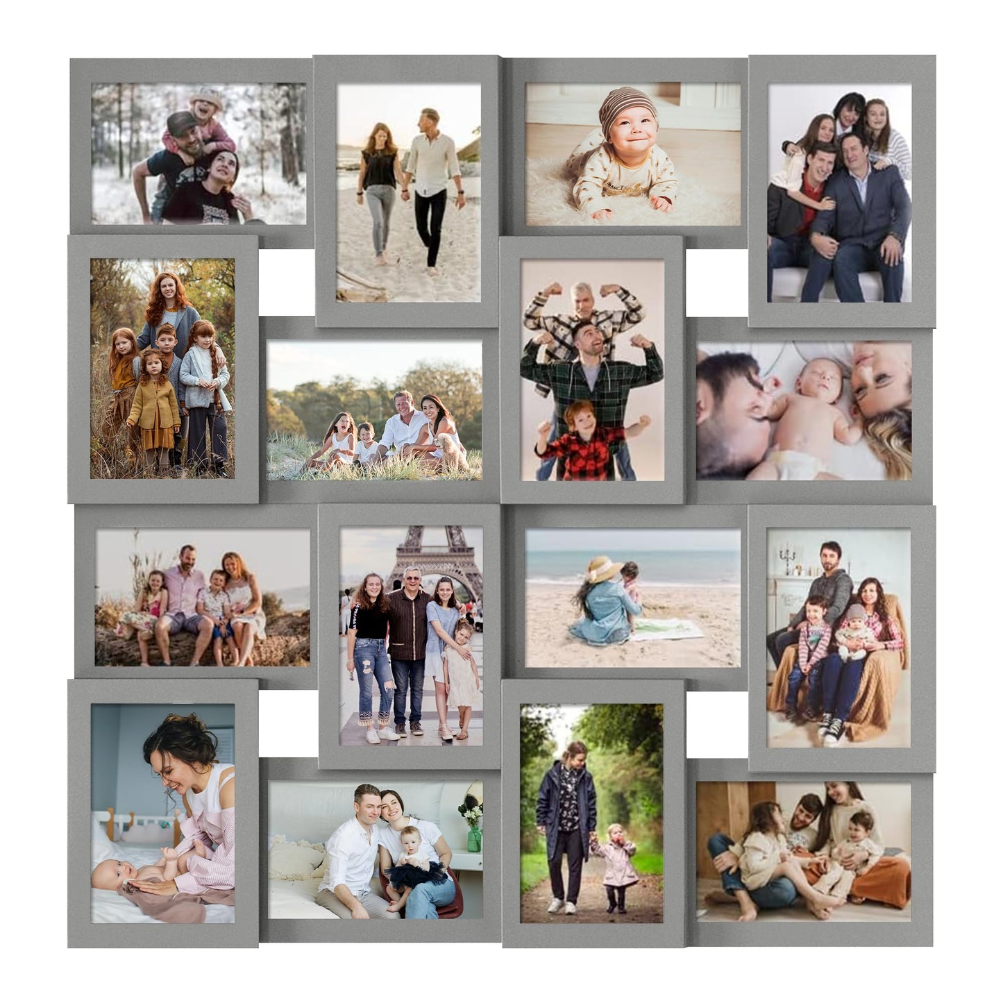 J.M.Deco Collage Picture Frames for Wall 16 Opening, Large Photo Frame Collage Wall Hanging for 4x6 Photo, Reunion Friends Family Memory, Christmas Gift - Grey