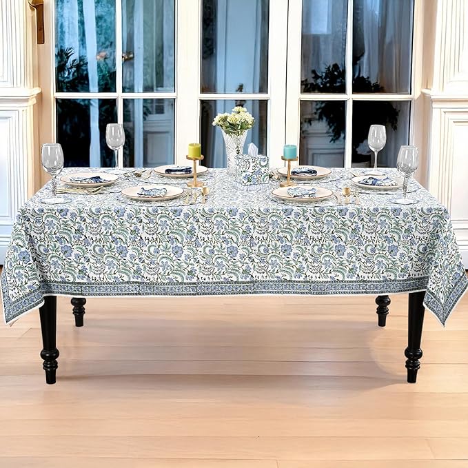 Ridhi Hand Block Print Columbia Blue Rectangle Cotton Tablecloth 160" x 72" Reusable Table Cover Decorative Everyday Use for Dining, Farmhouse, Home Gift for Spring, Easter, Valentine