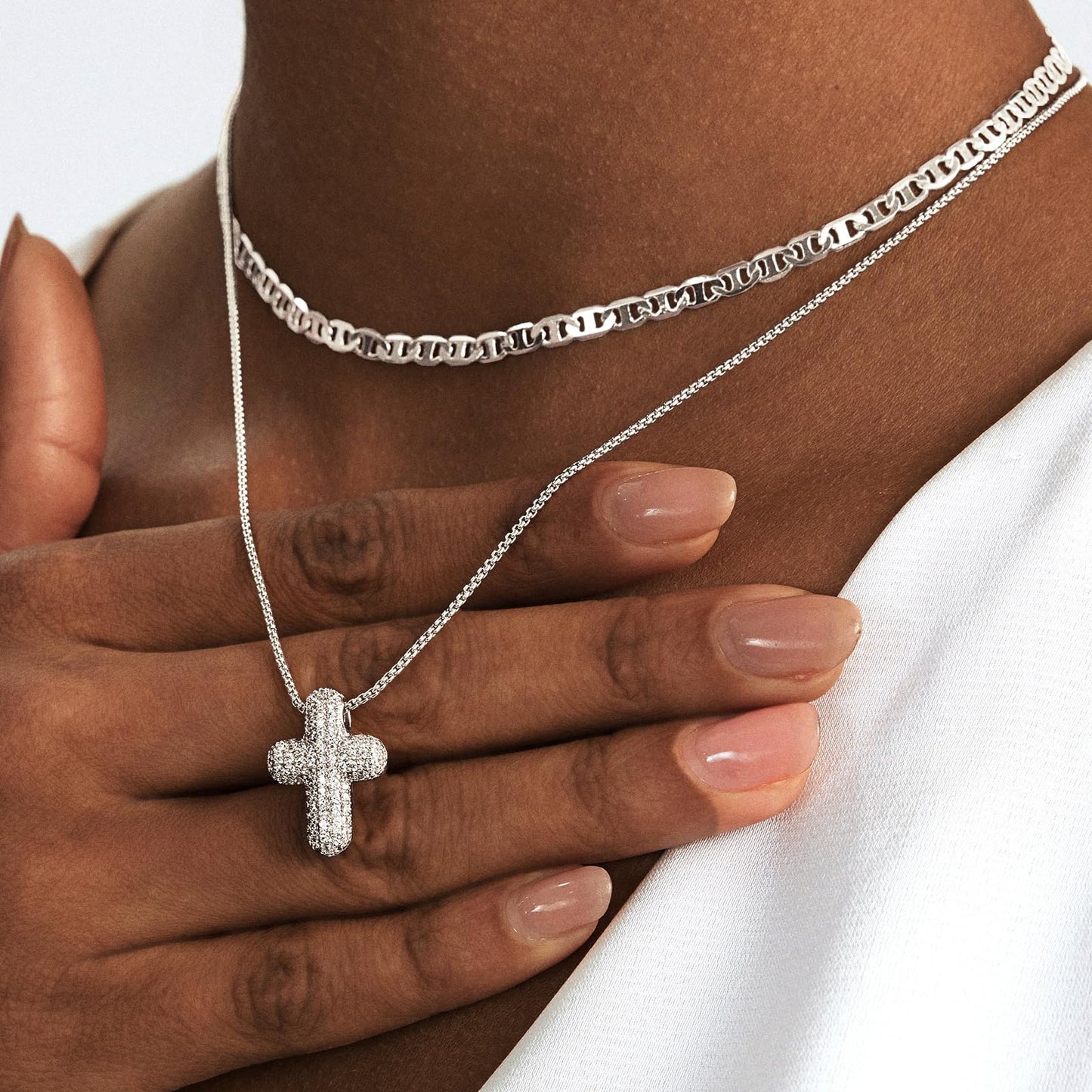 OGD Layered Silver Necklace for Women Silver Plated Cross Necklaces for Women Stackable Stacked Stacking Dainty Silver Necklace Mariner Chain CZ Cross Pendant Necklaces Set Simple Jewelry Gift