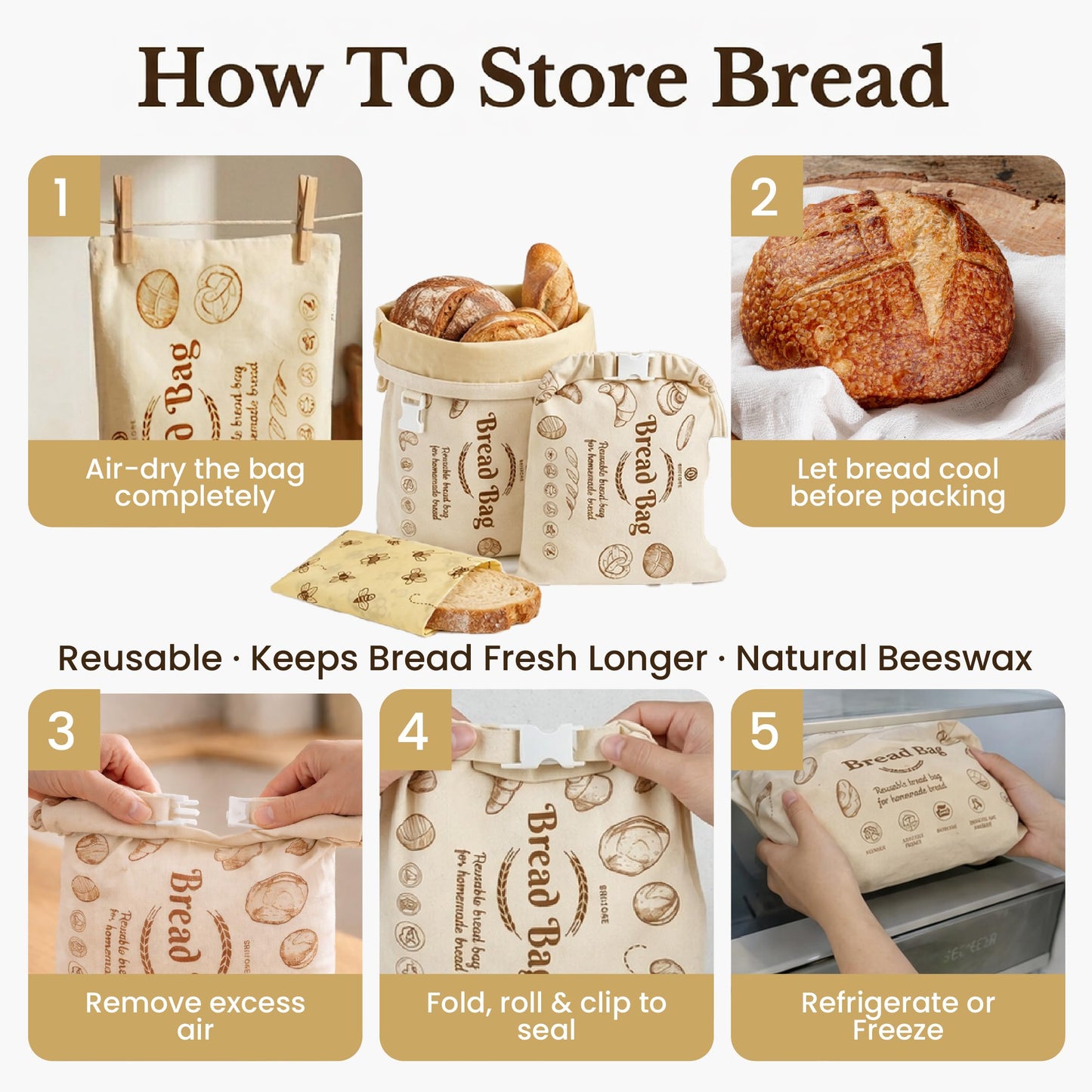 3 Pack Cotton Beeswax Bread Bags for Sourdough - 2XL Organic Reusable with Bees Wax Lining & Buckle Closure + 1 Beeswax Wrap, Wax Cloth Bread Bags & Freezer Safe, Eco-Friendly & Easy to Clean