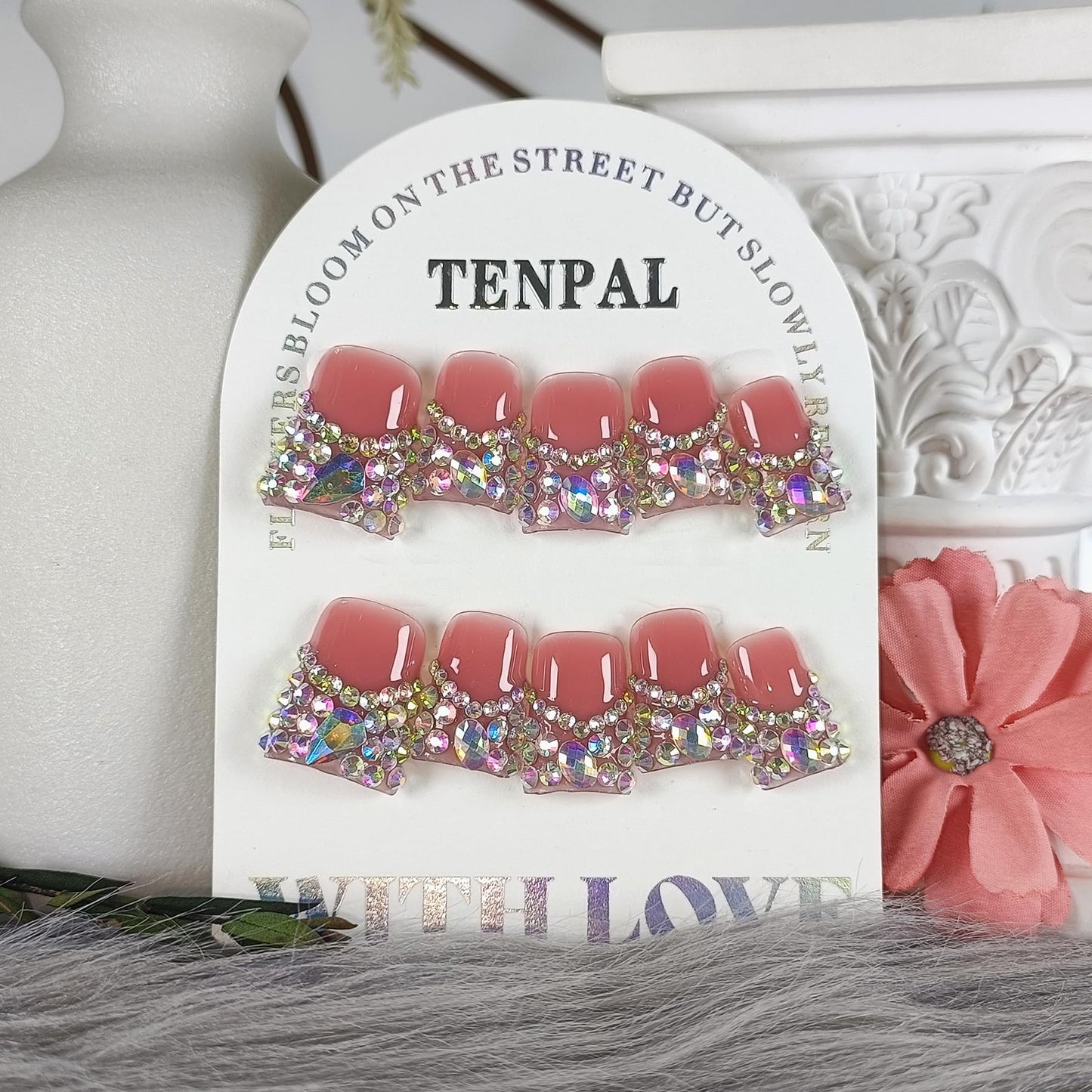 TENPAL 10Pcs Handmade Coffin Nails Kits,DuckBill Press On Nails With Tools,Icy Pink French Tip Fake Nails with Full Crystals Designs,Glitter Edgy Sweet Cool Acrylic Glue on Nails Short for Party(M)