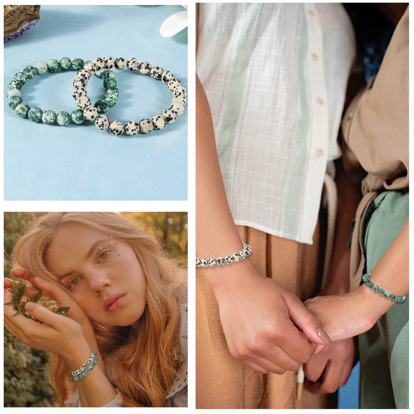 Bivei Natural Gemstone Semi Precious Crystals Handmade Stretchy Round Beads Bracelet, Enhance Positive Energy,Stocking Stuffers for Women(Dalmatian Jasper & Green Jasper (Inner Strength) Medium)