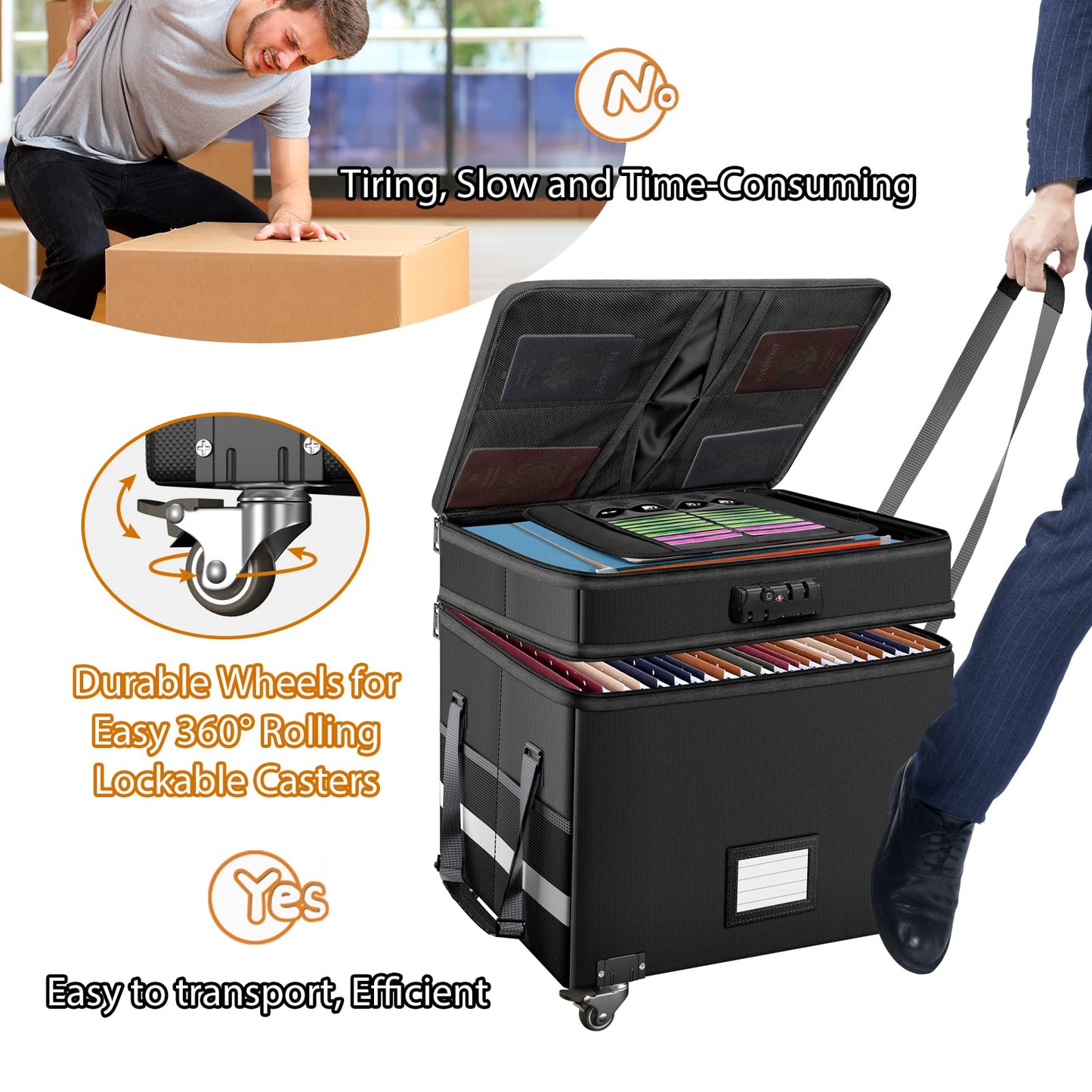 DocSafe Fireproof Document Box with Lock,2-Layer File Box with Wheels,Collapsible File Storage Organizer with Pockets,Large Portable Home Filing Cabinet for Hanging Folders,Black,16''x13.8''x12.2''