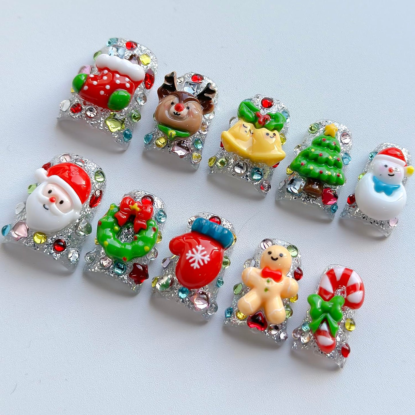 Christmas Press on Nails Luxury Short Duck Handmade 3D Unique Reusable ABS Material Fake Nails Cute False Nails with Santa Reindeer Tree Snowflake Designs Glossy Glue on Nail Thick Acrylic Nail(M)