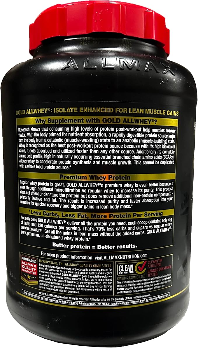 ALLMAX Nutrition - Gold ALLWHEY Protein Powder, Whey Protein Blend for Strength and Muscle Gains, Post Workout Recovery, Gluten Free, 24 Grams of Protein, Strawberry, 5 Pound