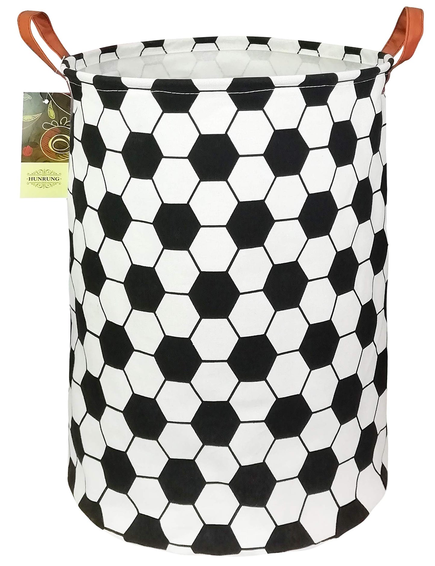 HUNRUNG Collapsible Fabric Storage Basket, Waterproof Laundry Hamper with Handles, Round Storage Bin for Clothes Toys, Foldable Organizer for Bedroom Nursery Bathroom(Roud-Football)