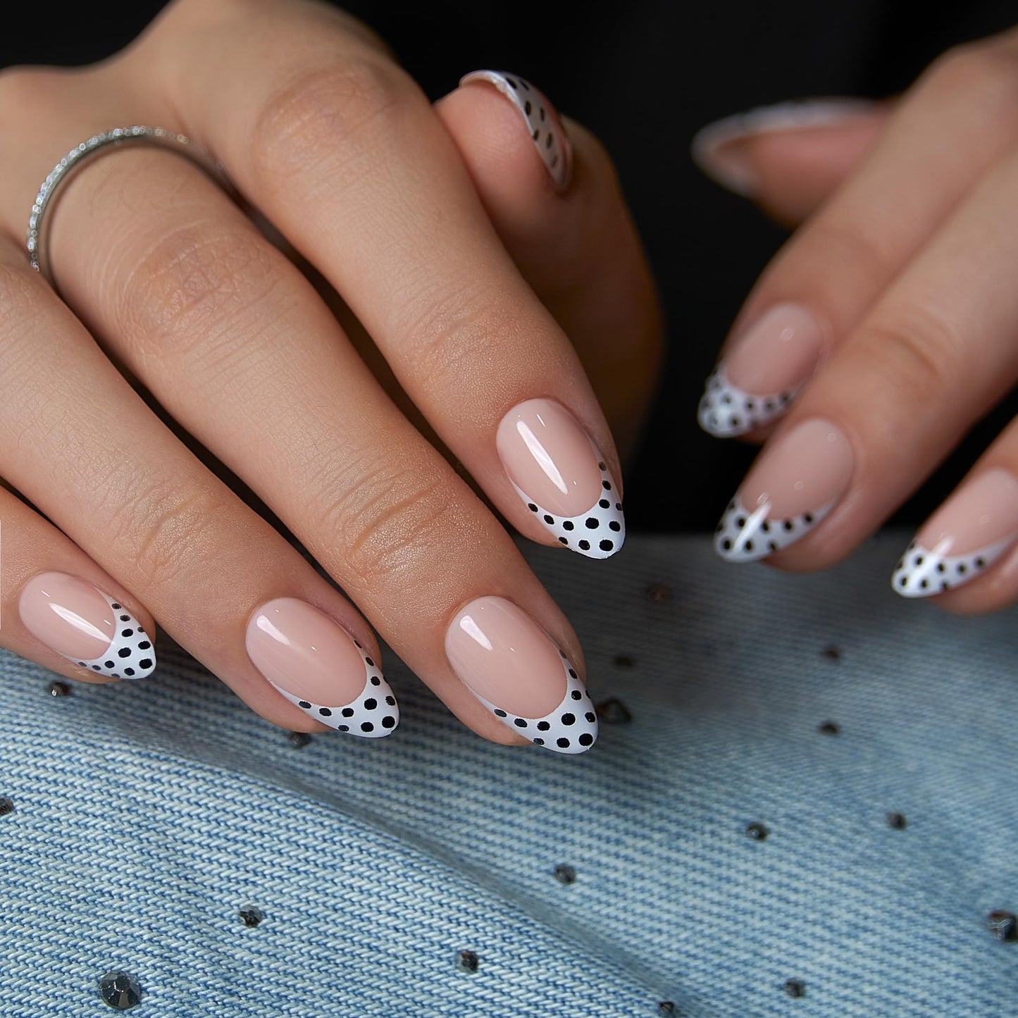 Curvlife Soft Gel Press On Nails Medium Almond Nude French Tip with Black Polka Dots, Glue On Fake Nails Reusable False Nails Stick On Nail Tips for Women