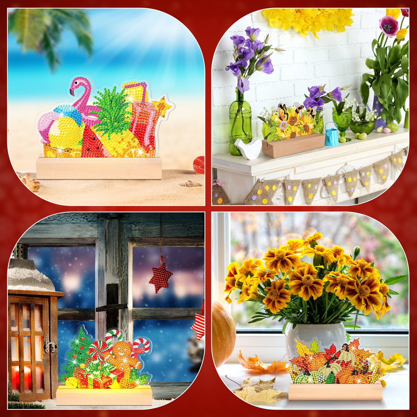 Chunful 13 Pcs Seasonal Diamond Art Tabletop Interchangeable Holiday Diamond Art Painting Kit with Wooden Light Base for 4th of July Summer Table Tiered Tray Home Office Tabletop Centerpiece Decor