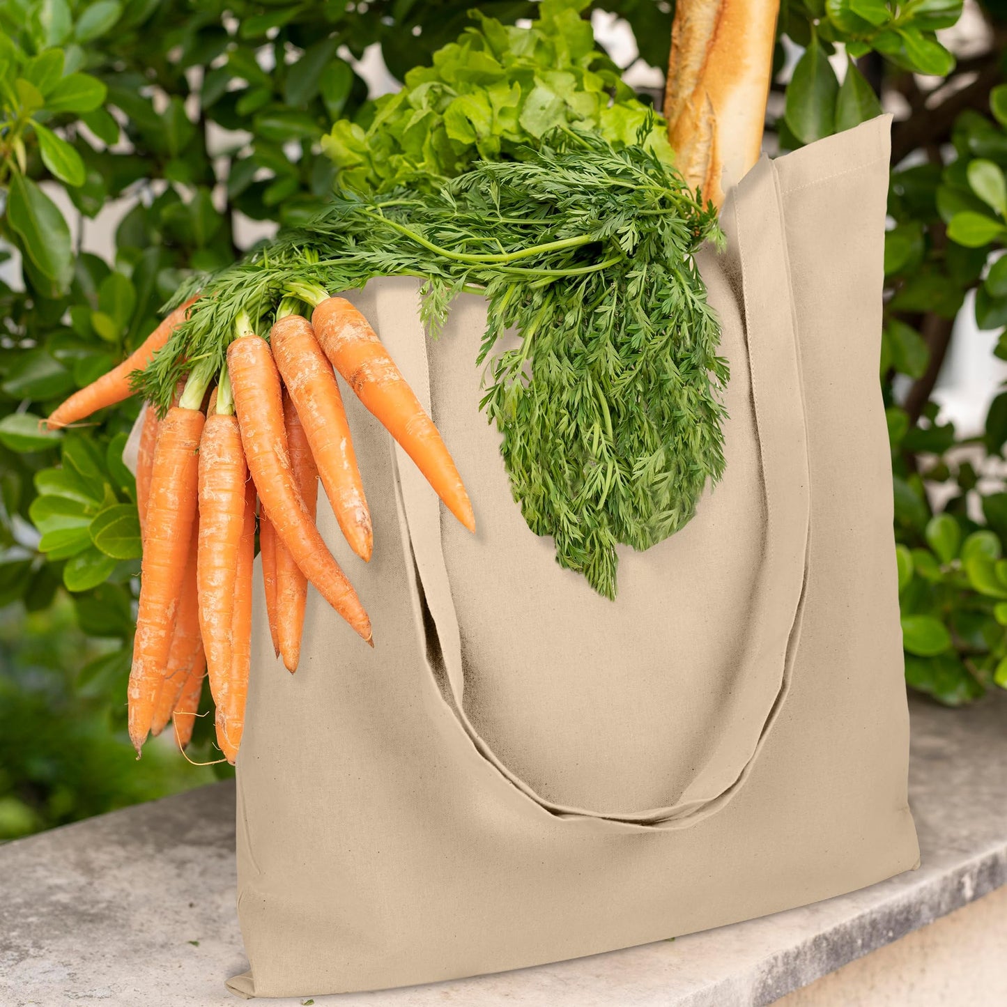 Urban Villa 12 Pack Reusable Grocery Bags 15’’x16’’ with 27’’ long Handle Beige Color 100% Cotton Tote Bags Medium Weight Grocery Shopping Cloth Bags Great Choice for Promotion Gift DIY Advertising