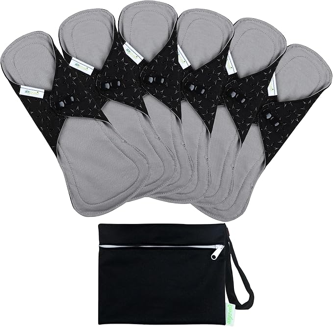 wegreeco 6 Pcs Reusable Menstrual Pads, Ultra Absorbent Cloth Pads for Heavy Flow, Sanitary for Teens, Women, Nonslip, Grey Inner, Black Outer, Large