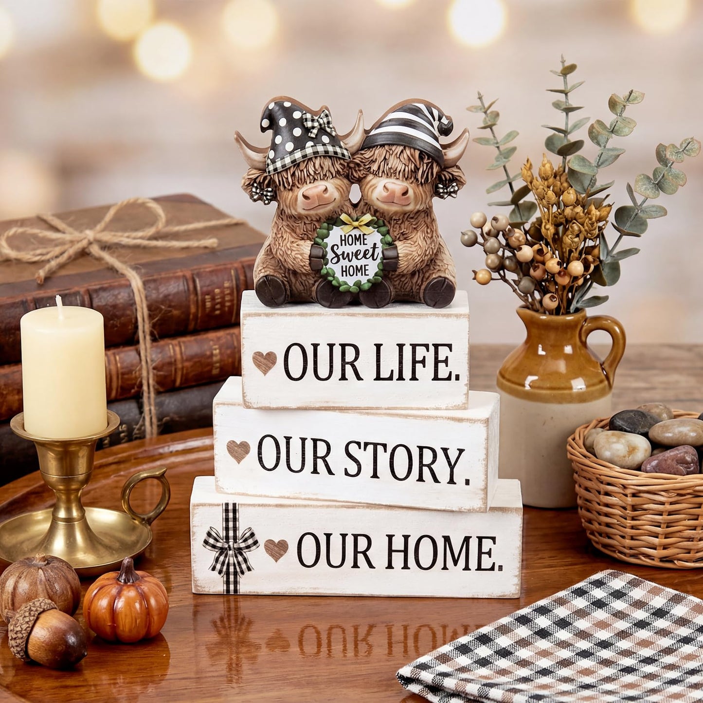 Yousoontic 4 Pcs Rustic Wooden Highland Cow Figurines Set, Farmhouse Table Decor Home Sweet Home Stackable Centerpiece for Entryway Tiered Tray Shelf Living Room Office Decor, Housewarming Gift