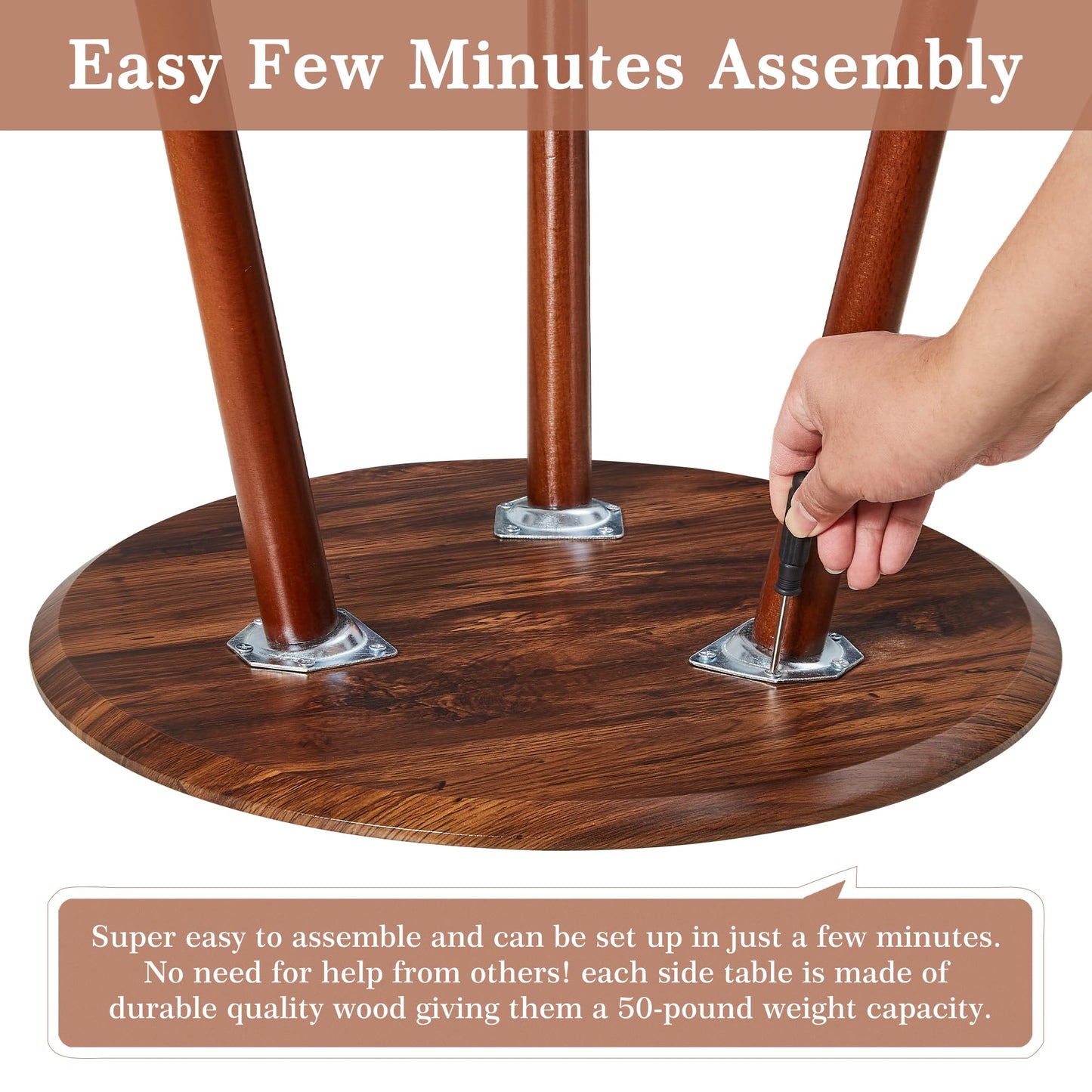 VECELO Round Side Table, Small End Table for Indoor Outdoor, Wooden Bedside Table with Non-Slip Foot Pads, 3-Legged Nightstand for Living Room Bedroom Bathroom, 20" x 20" x 23.8",Rustic Walnut