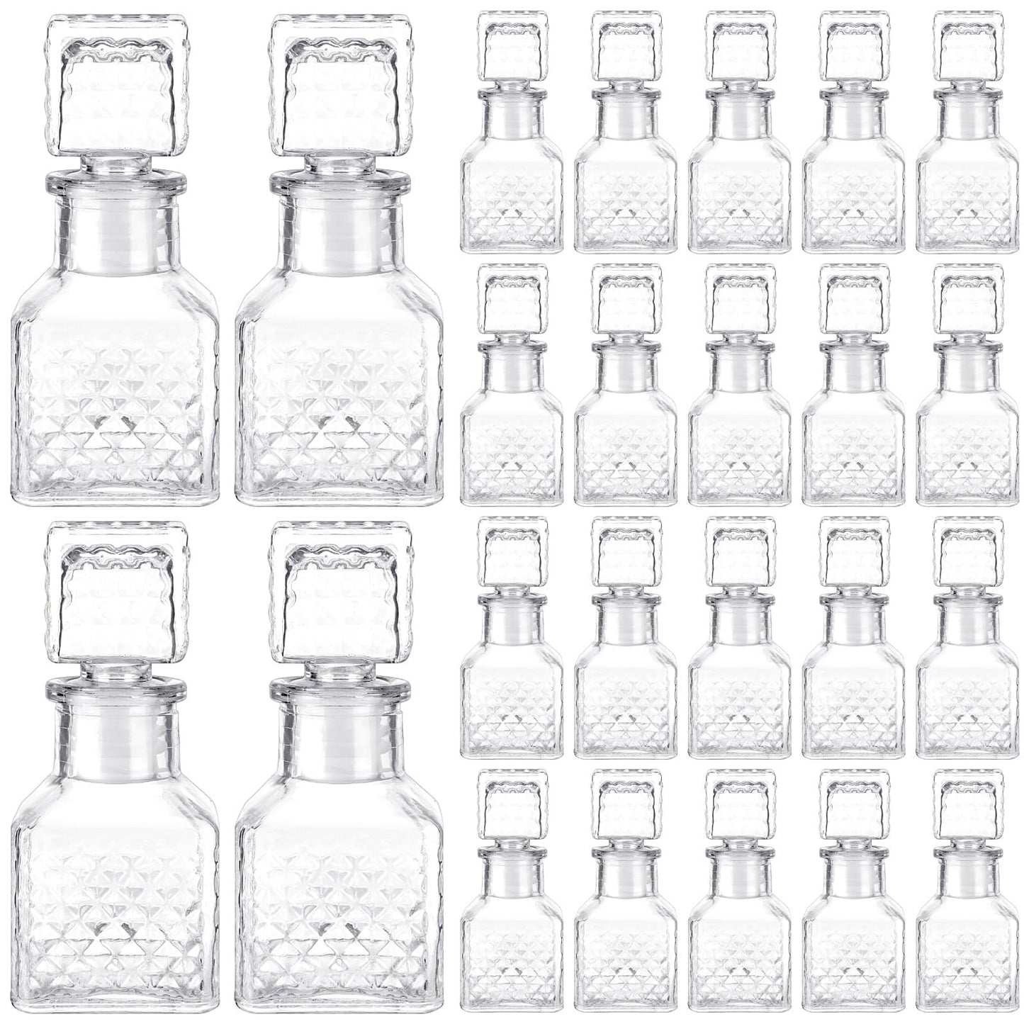 Chuangdi 24 Pcs Mini Glass Wine Bottles 1.7oz Glass Tequila Bottles with Stopper Decorative Tequila Bottle for Whiskey Vanilla Extract Champagne Wedding Baby Shower Party Favors(Square Style)