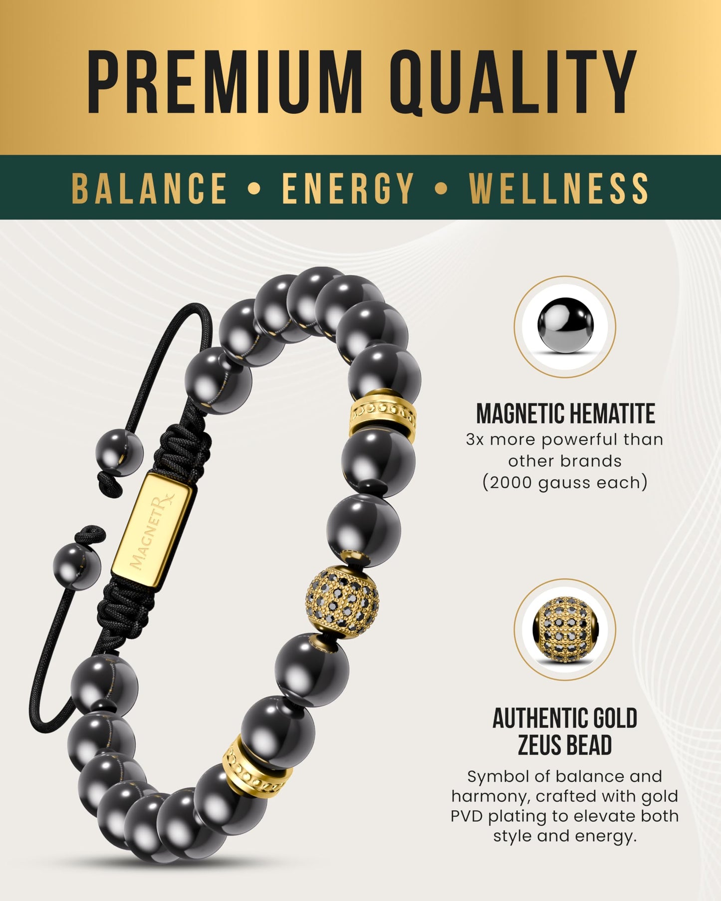 MagnetRX® Magnetic Hematite Bracelet - Max Strength Magnet Stones - Magnetic Beaded Bracelets for Men and Women (Gold Zeus 8mm Bead)