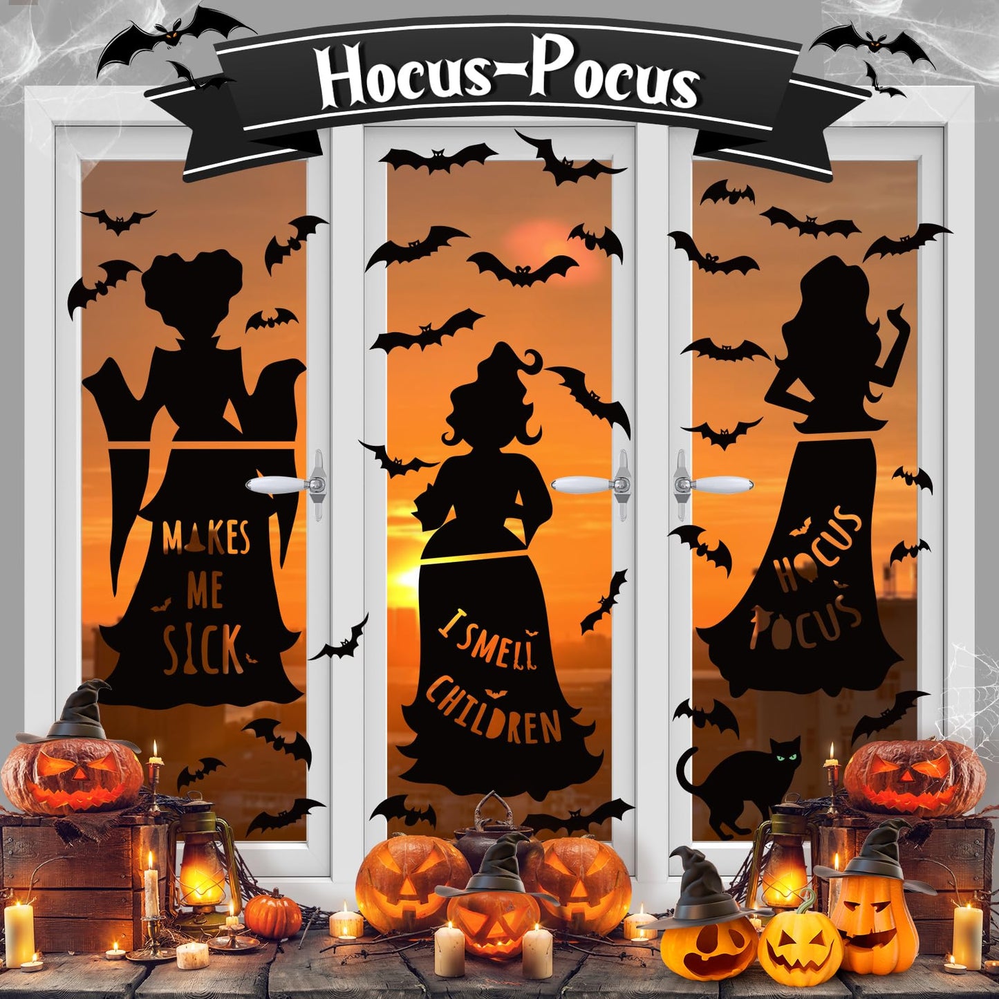 Halloween Window Decals Black Cat Bat Witch Silhouette Reusable Waterproof Static Clings for Glass Home Party Decor 35.4 x 6.9 inch