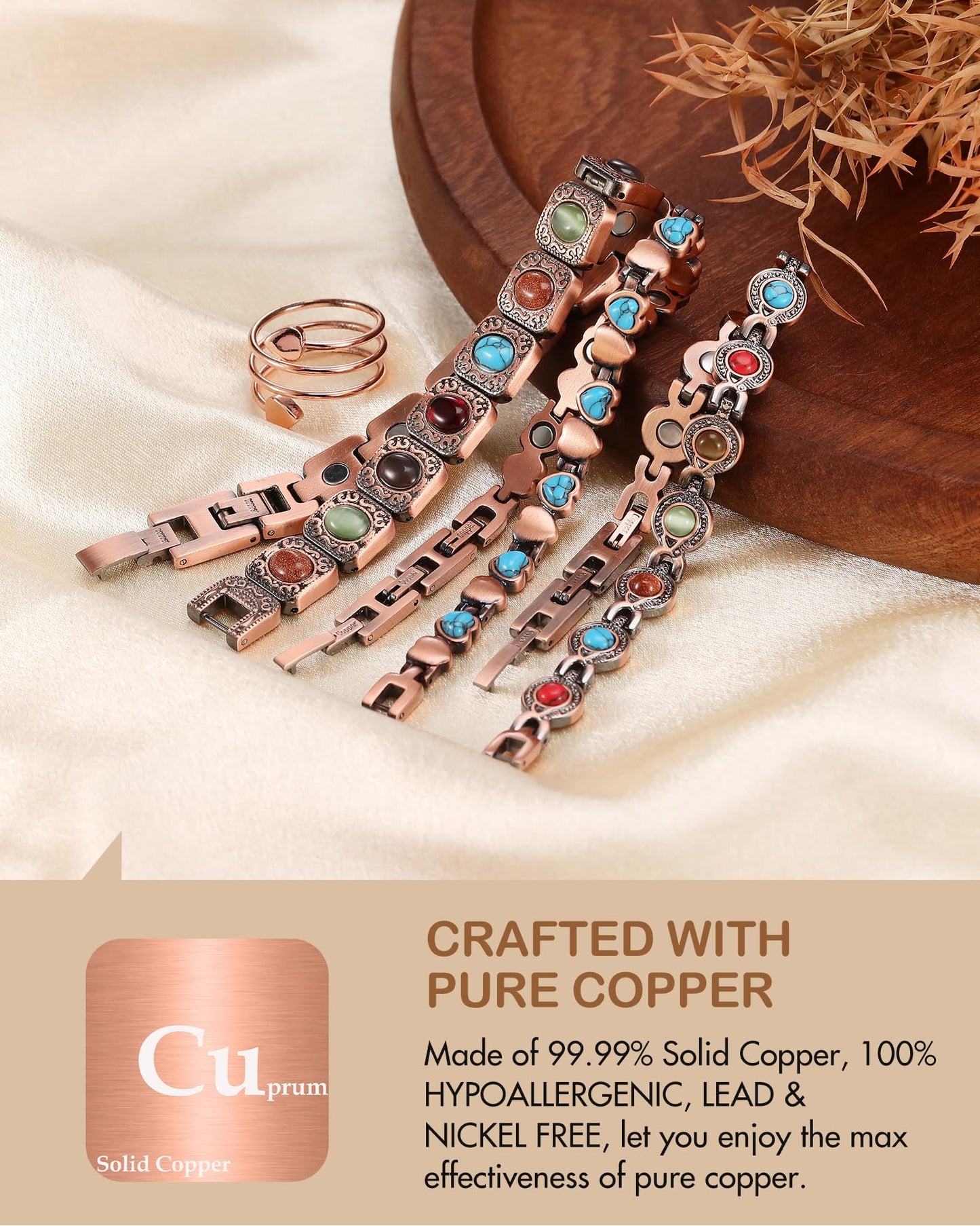 Feraco Pure Copper Bracelets & Rings for Women, Ultra Strength Magnetic Bracelet with 3800 Gauss Magnets & Natural Turquoise, Adjustable, Jewelry Gift (Ocean Heart)