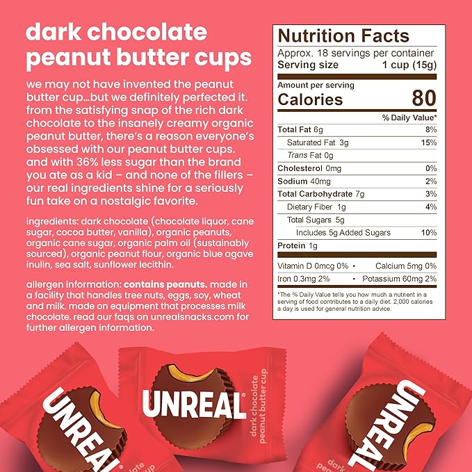 UNREAL Dark Chocolate Peanut Butter Cups (3 Value Size Bags) | Vegan, 5g Sugar | Gluten Free, Fair Trade, Non-GMO | 9.5oz each