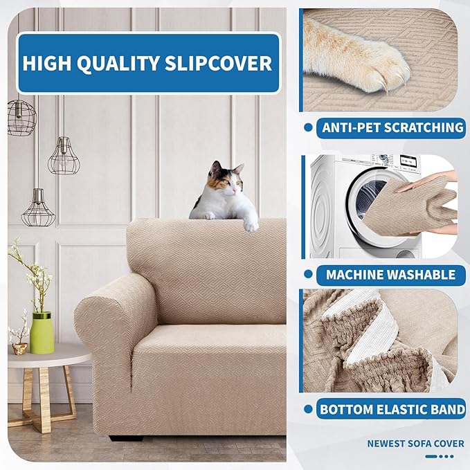 XINEAGE 2026 New Extra Large Couch Cover for 3 Cushion Couch (91"-110") 1 Piece Stretch Oversized Sofa Slipcovers Jacquard 4 Seater Furniture Protector Elastic Bottom for Kids,Pet (XL Sofa, Khaki)