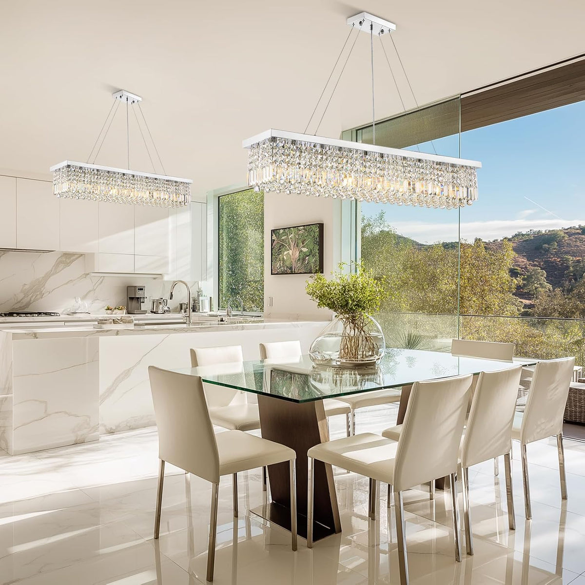 Rectangle K9 Crystal Chandelier,10 Lights Modern Rectangular Hanging Ceiling Pendant Light Fixture for Dining Room Kitchen Island,Polished Chrome Finish L47''xW10''xH10''