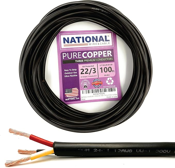 NATIONAL Wire & Cable – 22 AWG 3-Conductor Premium Copper Wire, 100 ft, Stranded | Made in USA, Flexible Jacket | Electronics, Alarms, Signal Wiring, DIY, Indoor and Outdoor Use