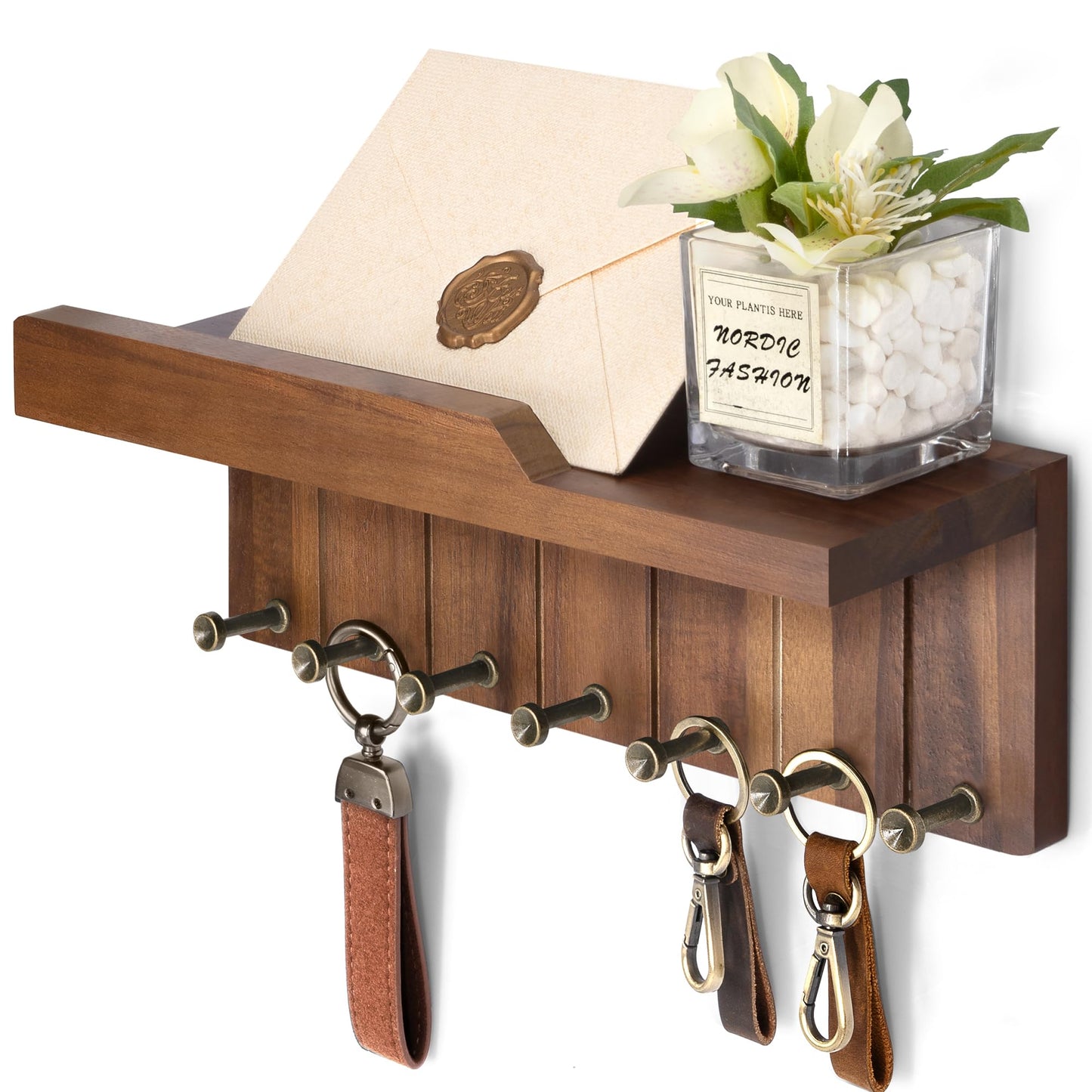 Rebee Vision Farmhouse Key Holder Wall Mount - Decorative Mail Organizer with 7 Key Hooks and Wall Shelf - Rustic Home Decor for Apartment Essentials (Acacia Wood)