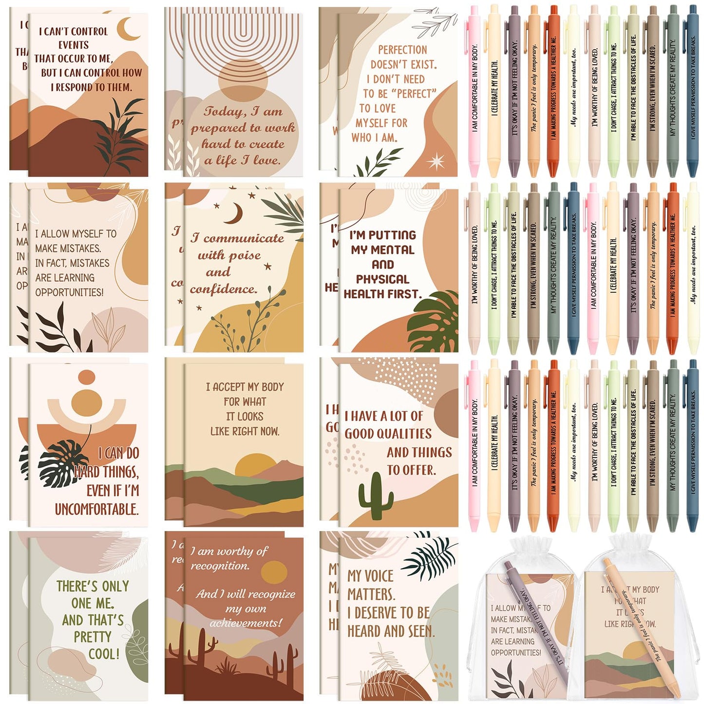 Mooliwe 24 Set/ 48 Pcs Positive Affirmation Gift Set Gratitude Notebooks with Pens Small Bags Motivational Encouragement Notepads Daily Affirmations Journal for Women Stress Relief Self Care (Rustic)
