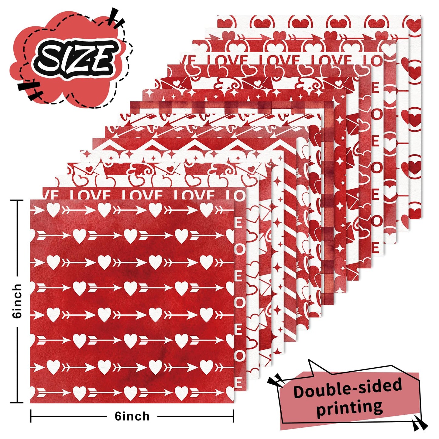JarThenaAMCS 32 Sheets Valentine Pattern Paper Red White Love Heart Arrow Scrapbook Specialty Paper Double Sided Decorative Art Paper for DIY Crafts Supplies, 6 x 6 Inch