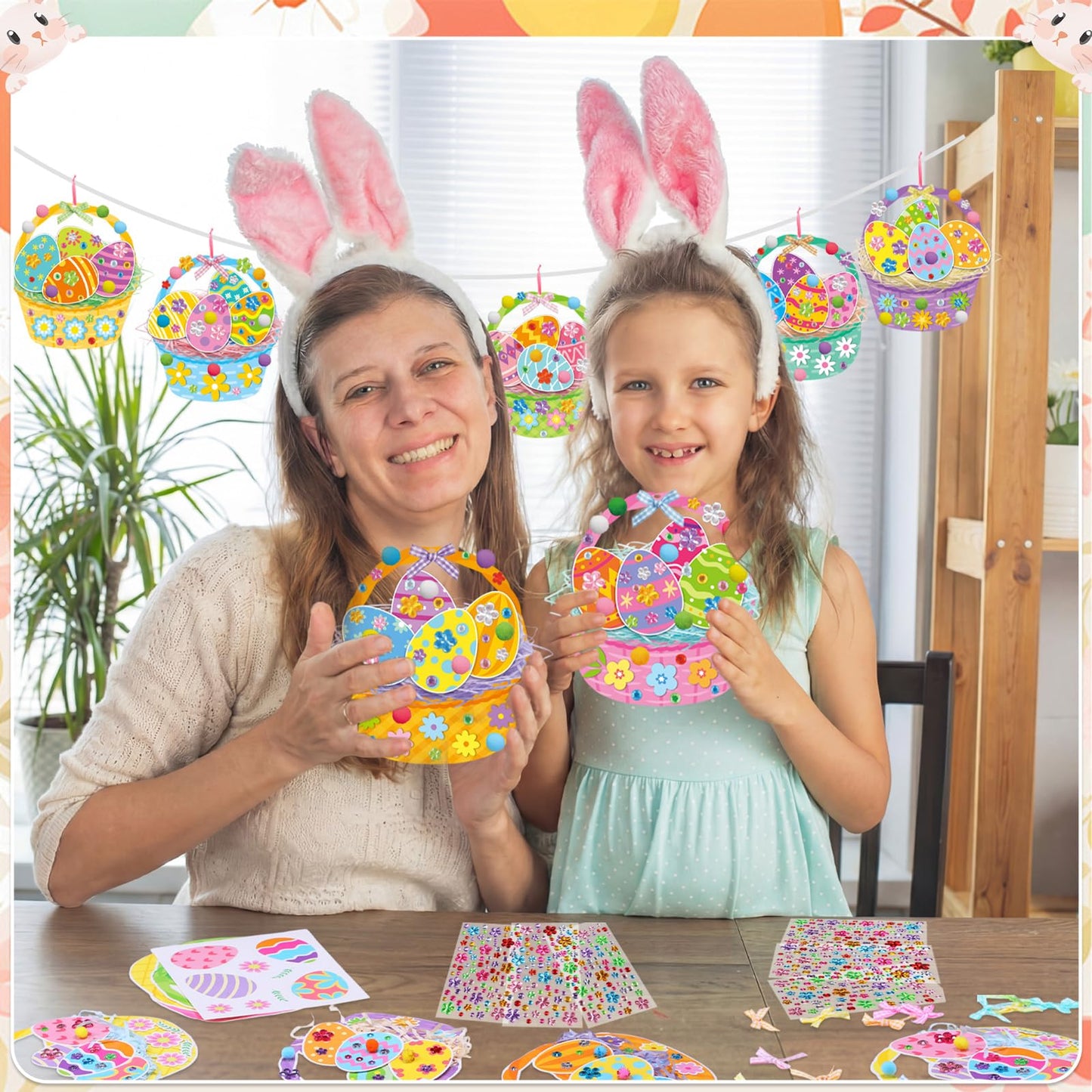 Funrous 48 Sets Easter Crafts Kit Easter Basket Egg Paper Crafts DIY Make Your Own Basket Hanging Ornaments Decorations with Pompoms Diamond Stickers Spring Classroom Activity Arts Gifts Party Favors