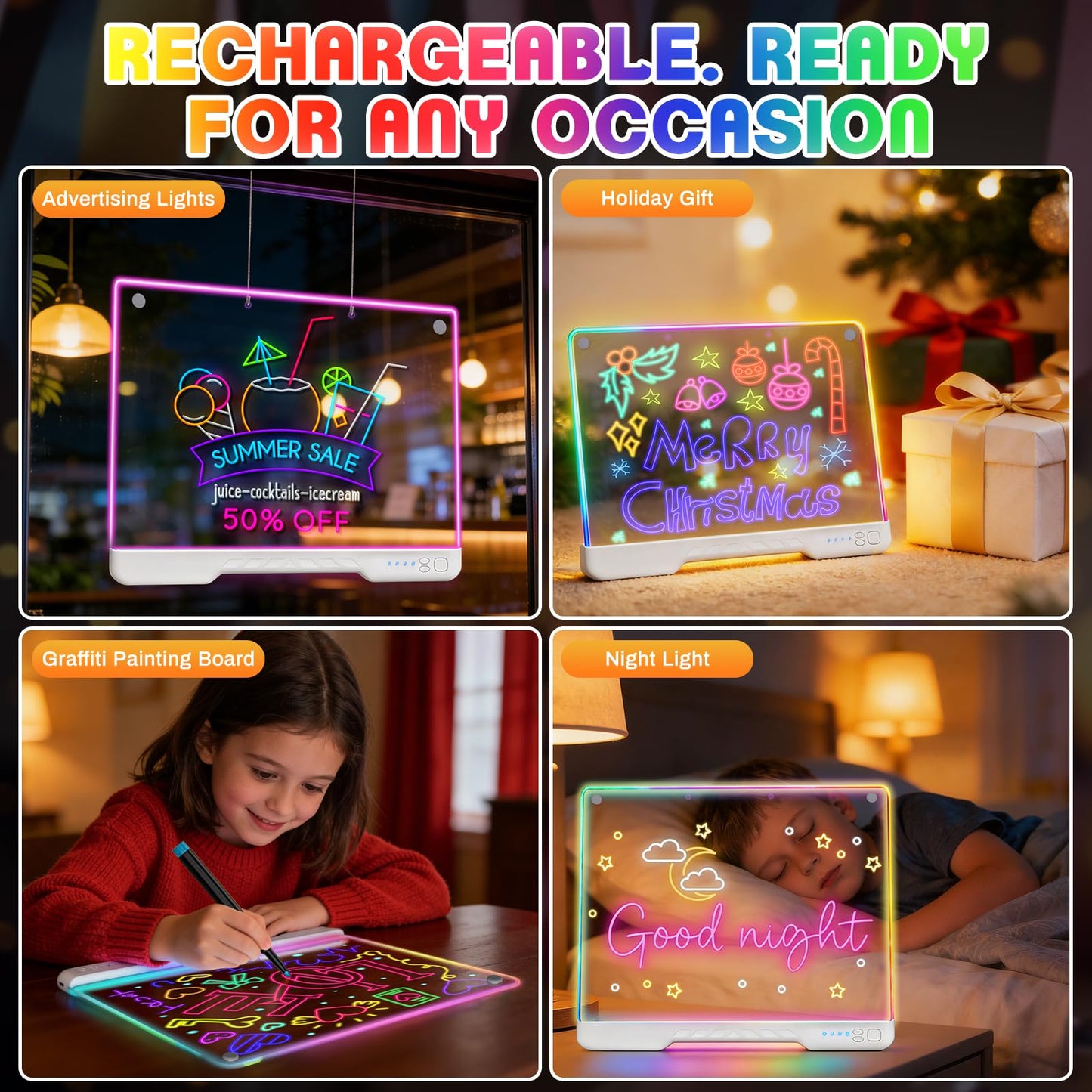 ZUCYDY 16-Inch LED Drawing Board for Kids, Rechargeable Doodle Glow Board with 7 Light Modes & Built-in Stand, Dry Erase Note Board, Great Art Gift for Boys and Girls